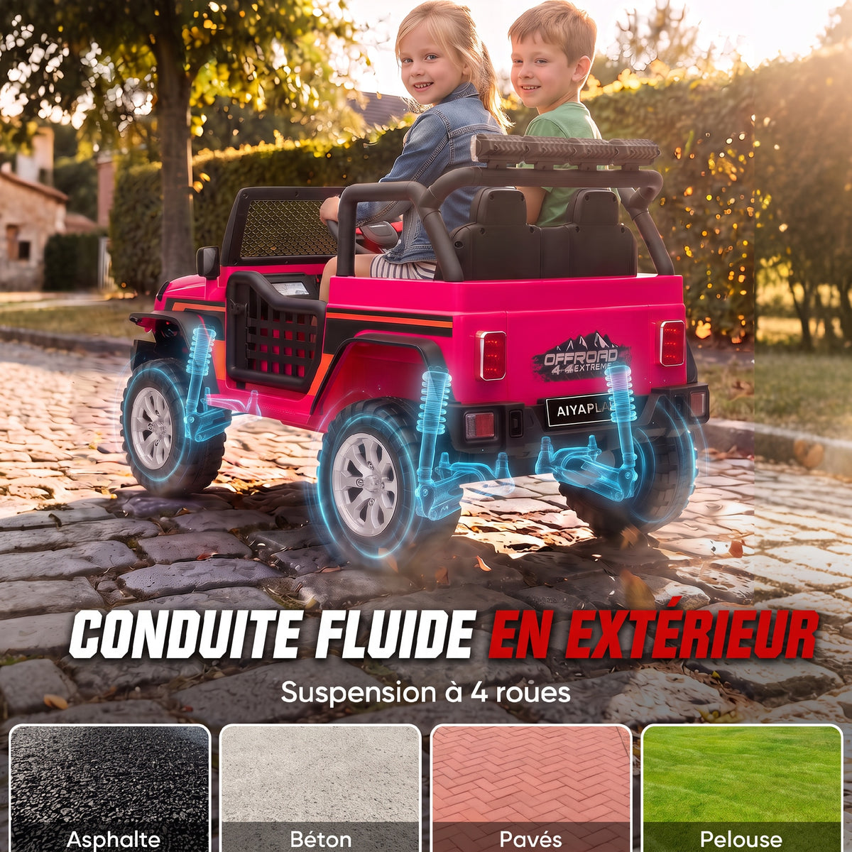 Voiture électrique enfant 2 places 12,8 V, 2 moteurs, batterie lithium, télécommande parentale, Rose-6