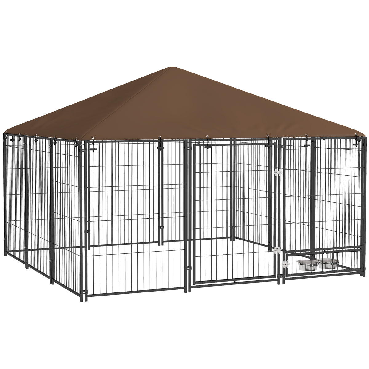 Chenil extérieur pour chiens en acier et tissu Oxford avec support gamelle toit 211 x 211 x 151 cm noir et café-0