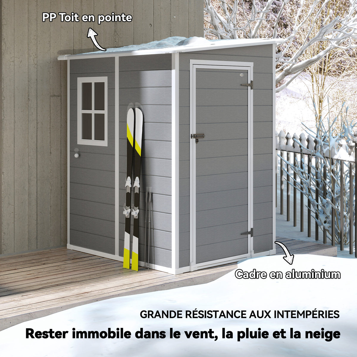 Abri de jardin 1,54 m² pour outils porte verrouillable, aération et fenêtre dim. 122L x 149l x 192/177H cm, gris-3