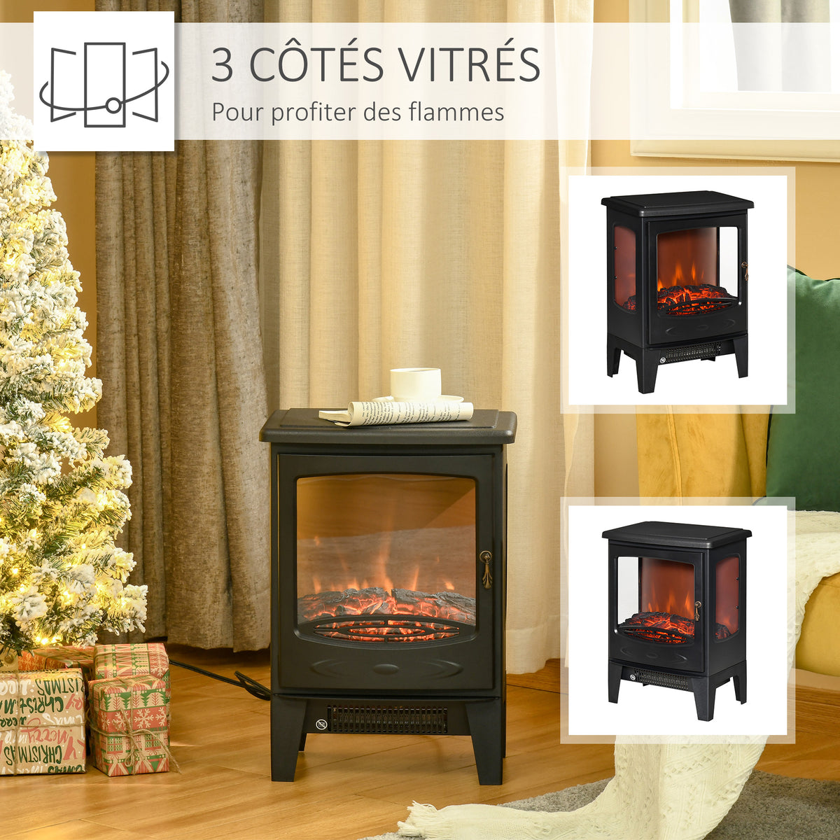 Cheminée électrique poêle Style néo-rétro 900-1800 W Simulation Flammes LED luminosité réglable Acier ABS Noir-4