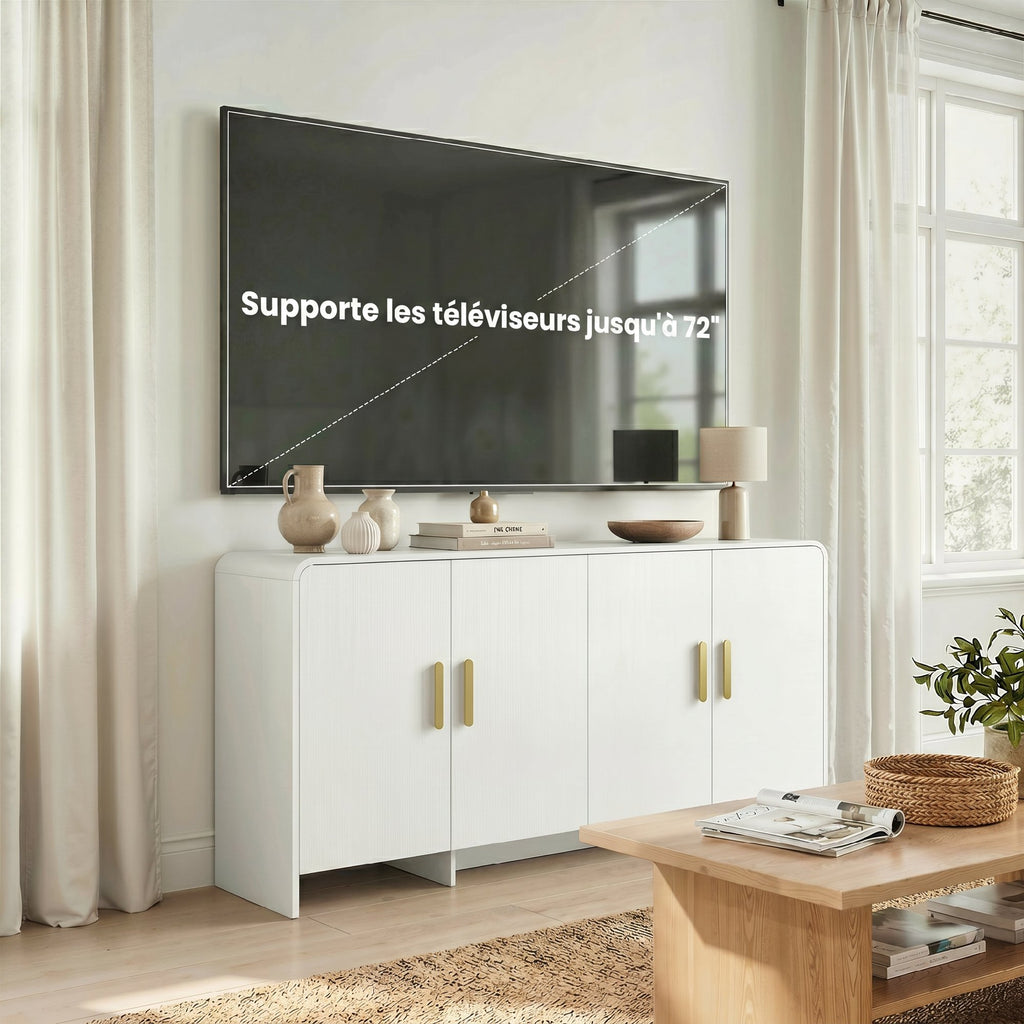 Buffet cuisine, meuble de rangement avec 4 portes à fermeture douce, 4 compartiments et bords arrondis, 152x40x80cm, blanc-5