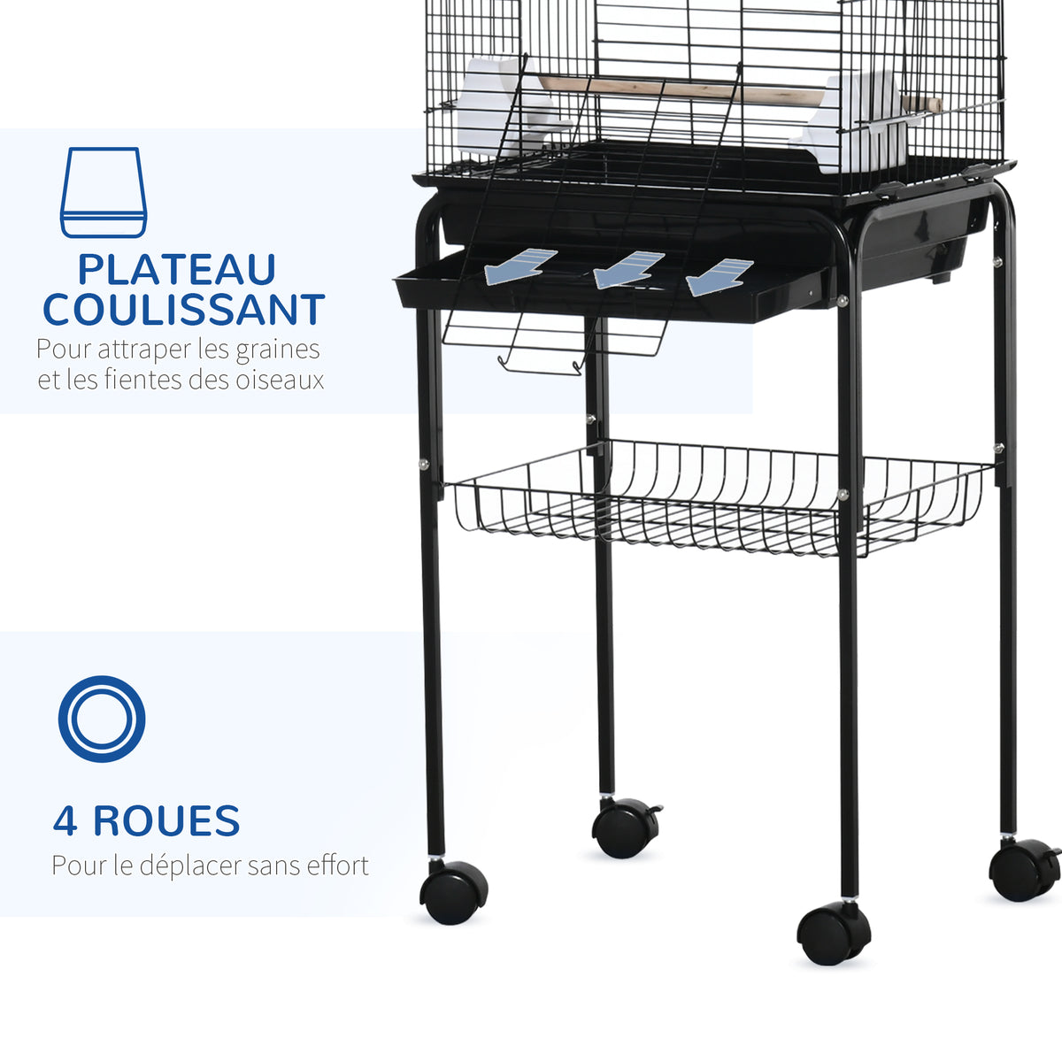 Cage à oiseaux volière pour oiseaux sur roulettes avec toit ouvrant 3 perchoirs étagère inférieure 46 x 36 x 130 cm noir-6