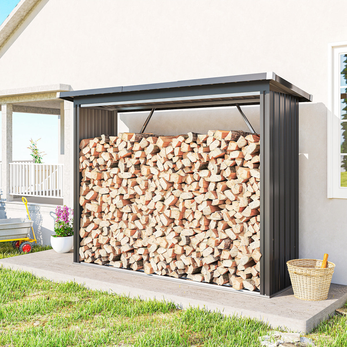 Abri-bûches couvert support pour bois de chauffage plancher surélevé toit incliné, acier galvanisé 213x66,5x150cm gris-1