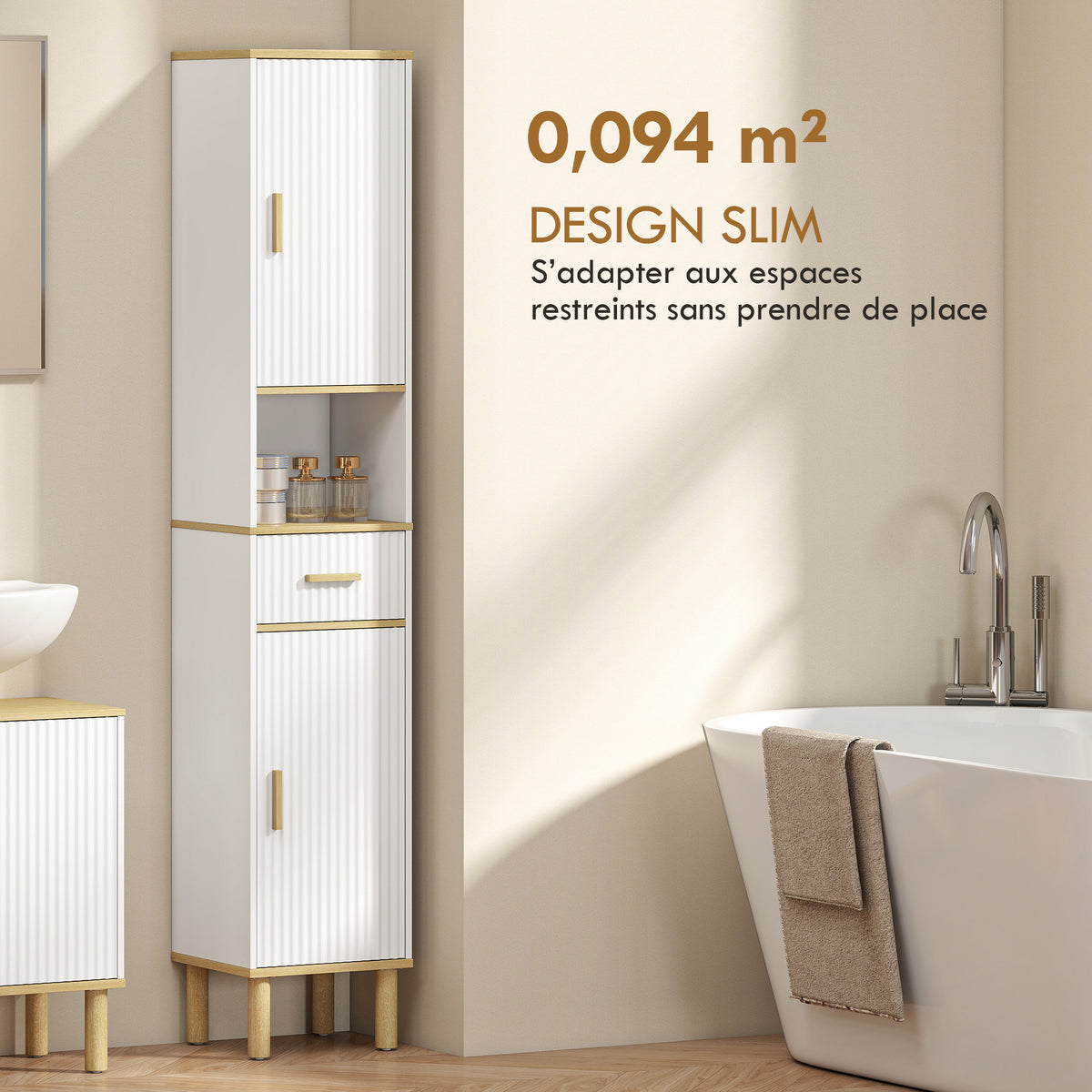 Meuble colonne salle de bain, meuble de rangement étroit avec 2 portes, tiroir, compartiment ouvert, blanc-3