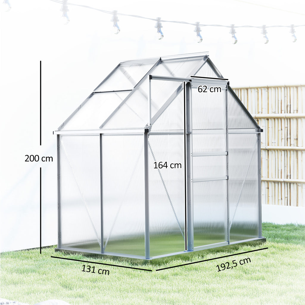 Serre de jardin en aluminium polycarbonate avec fondation, serre avec fenêtre réglable porte coulissante 192,5x131x200cm-2