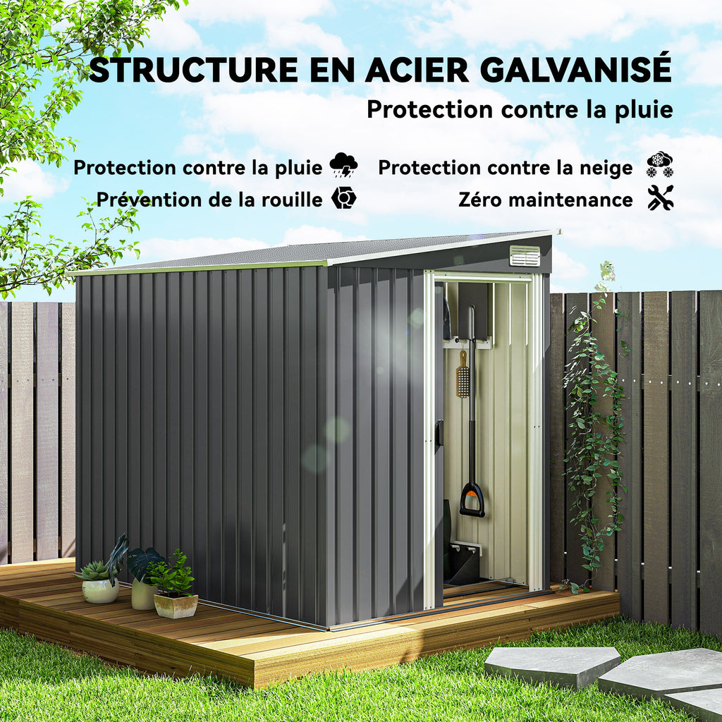 Abri de jardin 2,81 m² avec fondation, abri à outils extérieur adossé en acier galvanisé, 154x206,5x181cm, gris foncé-3