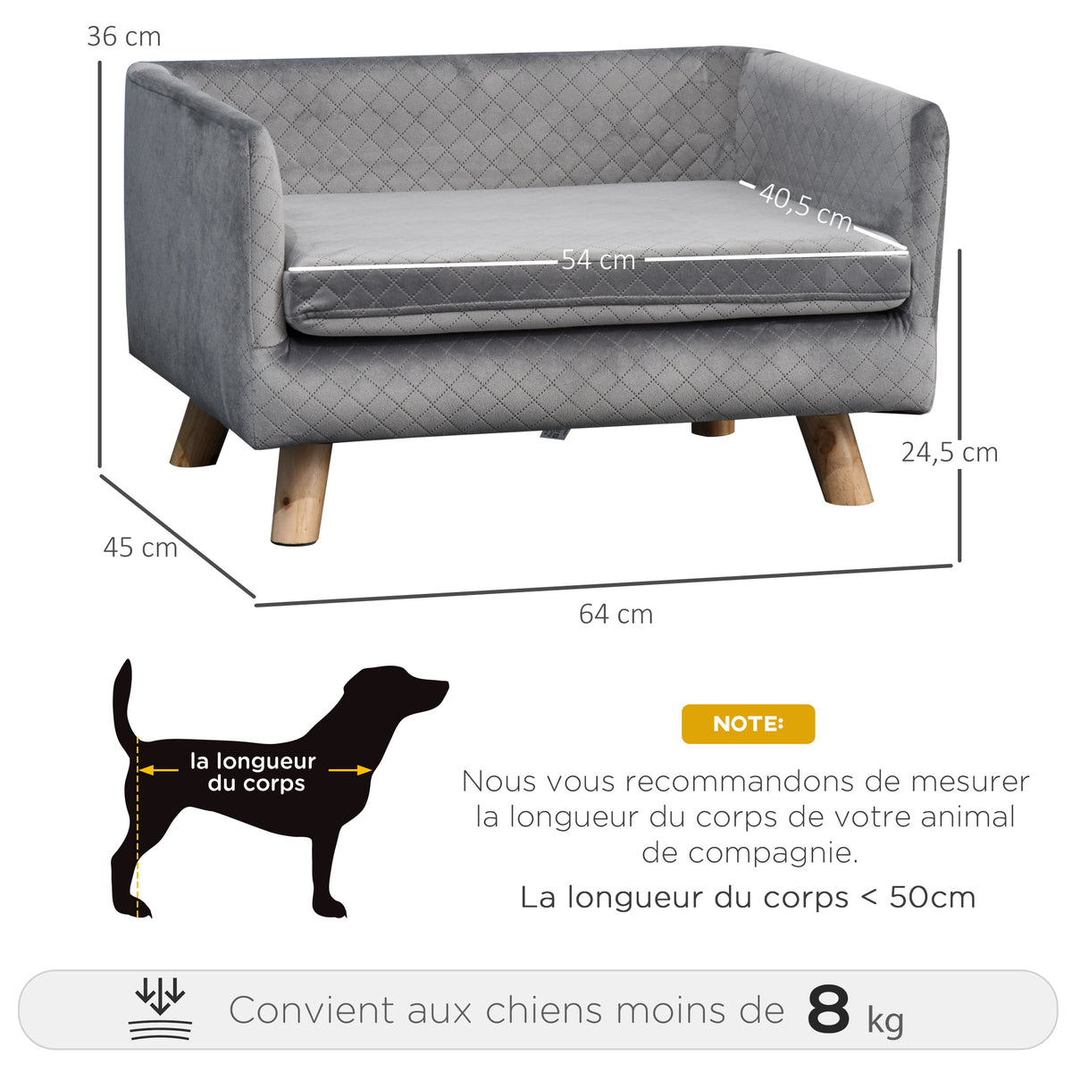 Canapé chien lit pour chien design scandinave coussin moelleux pieds bois massif dim. 64 x 45 x 36 cm velours gris-2