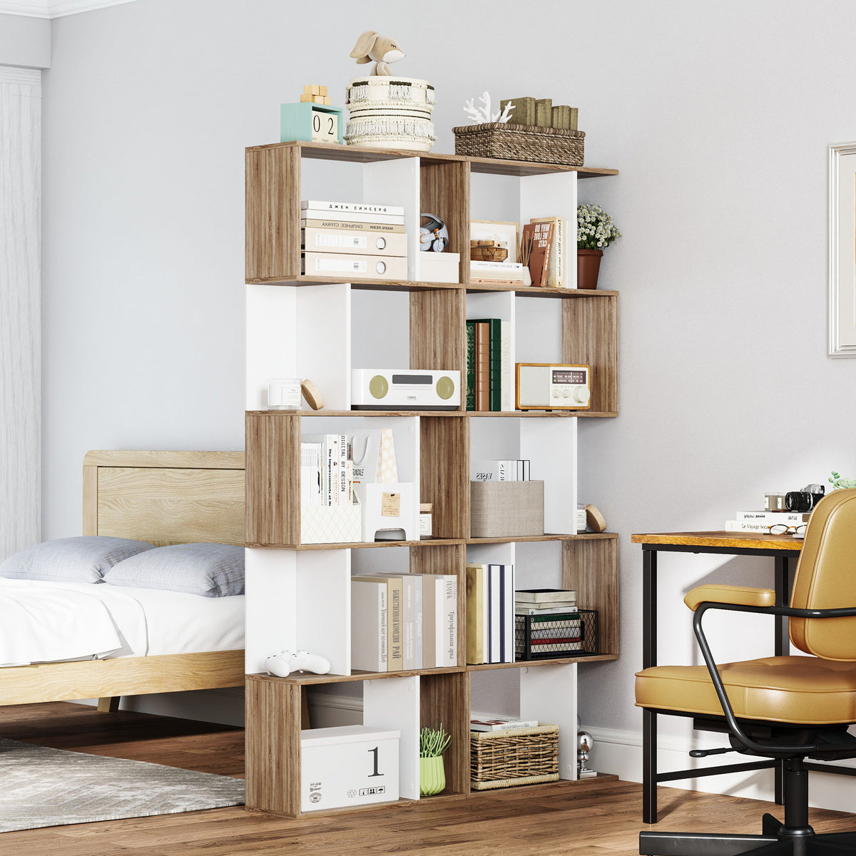 Bibliothèque à 5 niveaux, meuble de rangement en forme de S avec étagères, étagère de rangement blanc-8