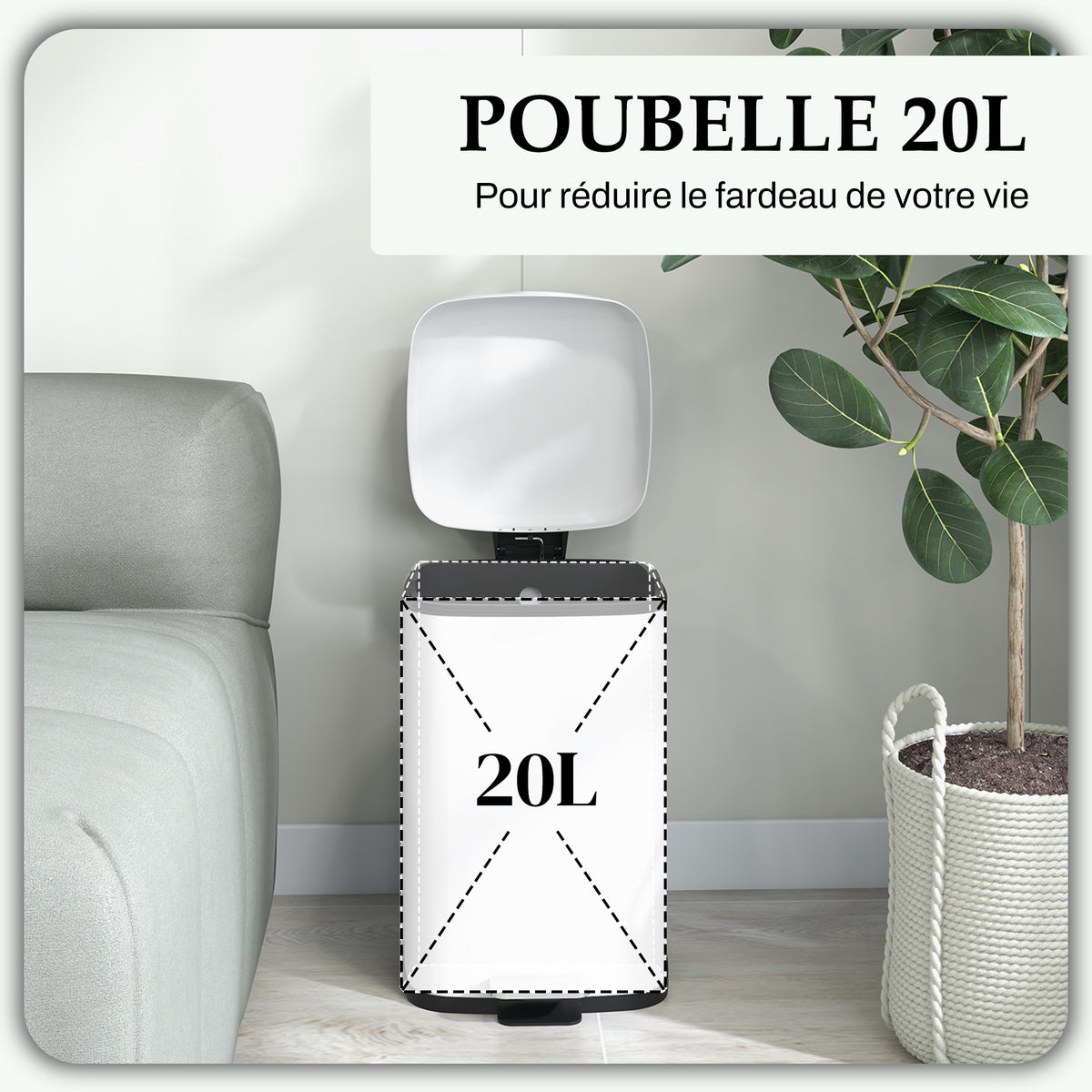Poubelle de cuisine 20L avec couvercle à fermeture douce et pédale, seau intérieur amovible, 28L x 35l x 45H cm, blanc-3