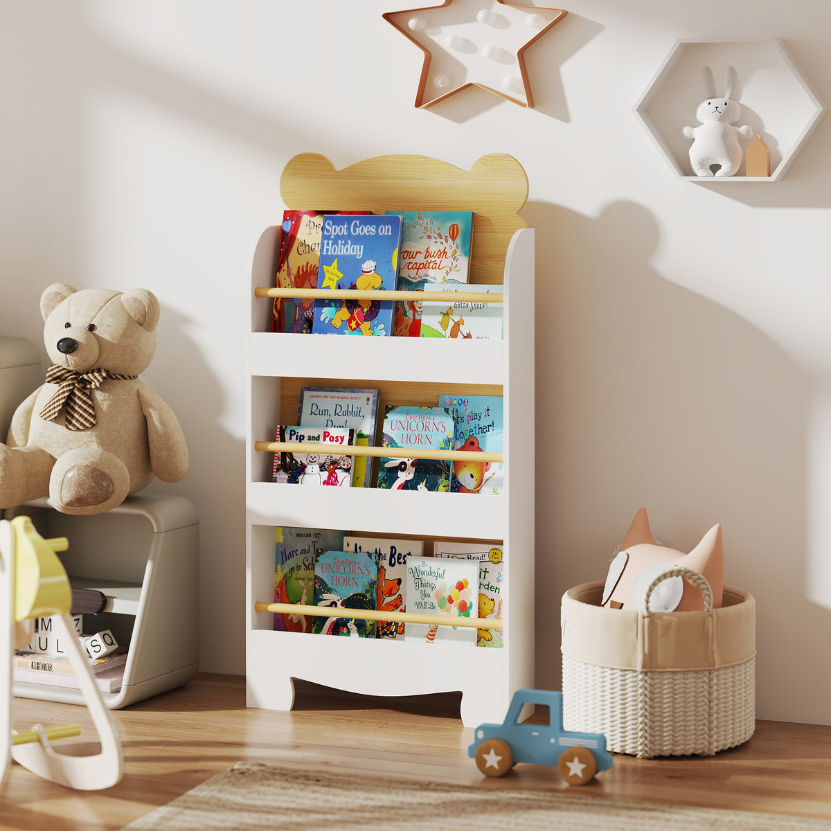 Bibliothèque pour enfant, rangement livre enfant 3 niveaux pour salle de jeux, chambre d'enfant, bois naturel-9
