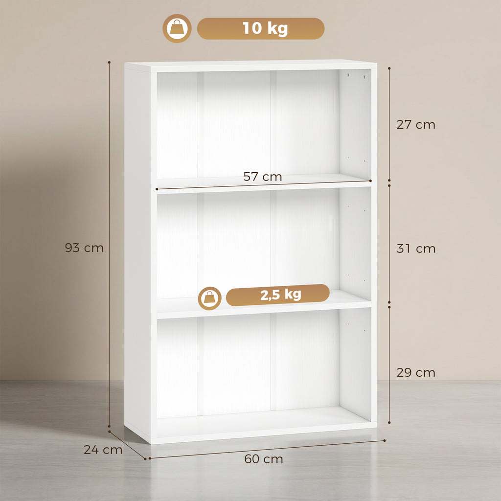 Bibliothèque étagère de rangement avec 3 compartiments et étagère réglable, 60 x 24 x 93 cm, blanc-2