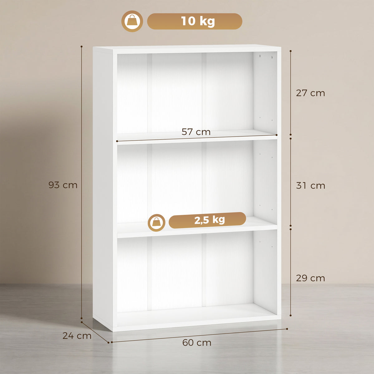 Bibliothèque étagère de rangement avec 3 compartiments et étagère réglable, 60 x 24 x 93 cm, blanc-2