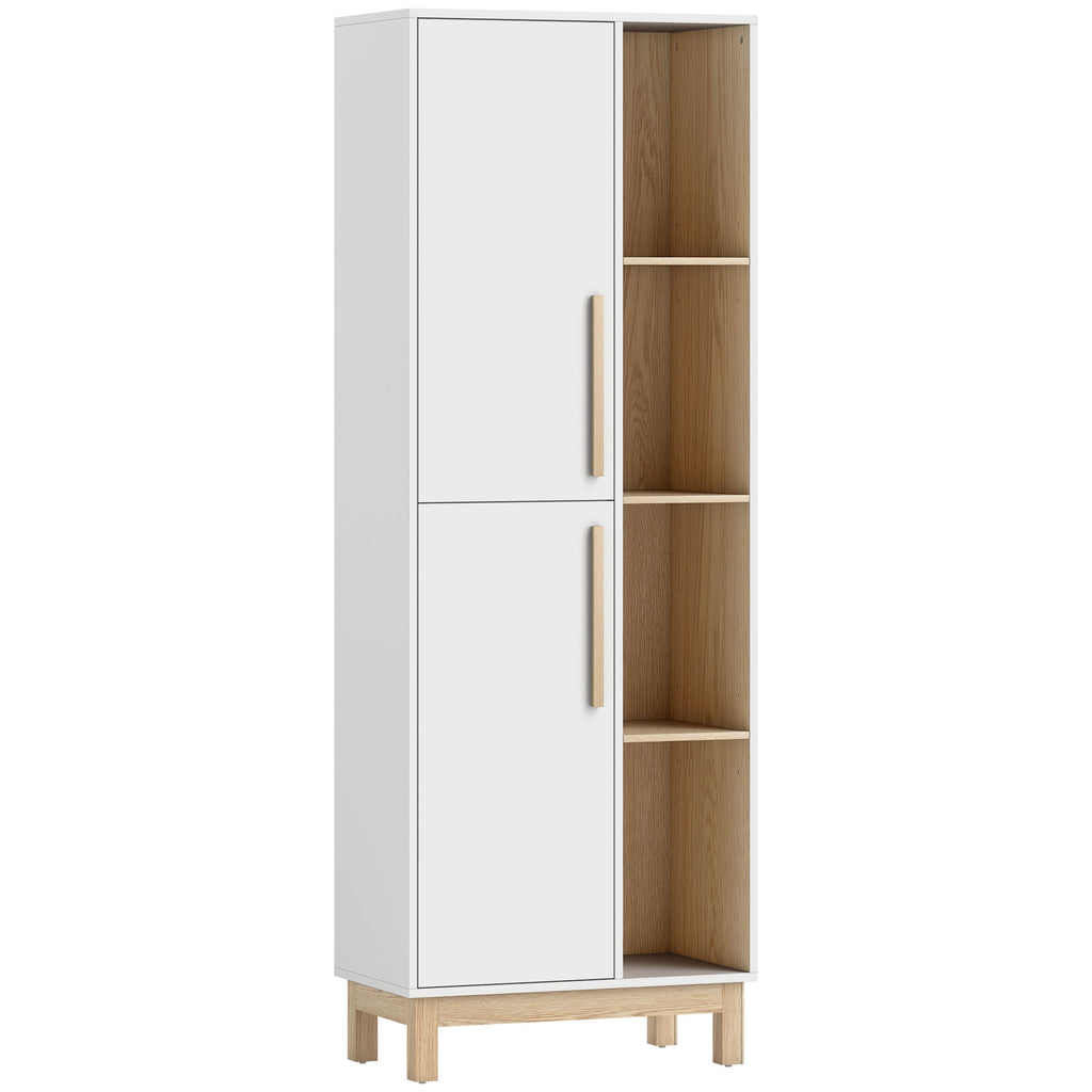 Meuble de Salle de Bain, Meuble de Rangement, 2 Portes, 4 Compartiments Ouverts et Étagères Réglables, Blanc et Naturel-0