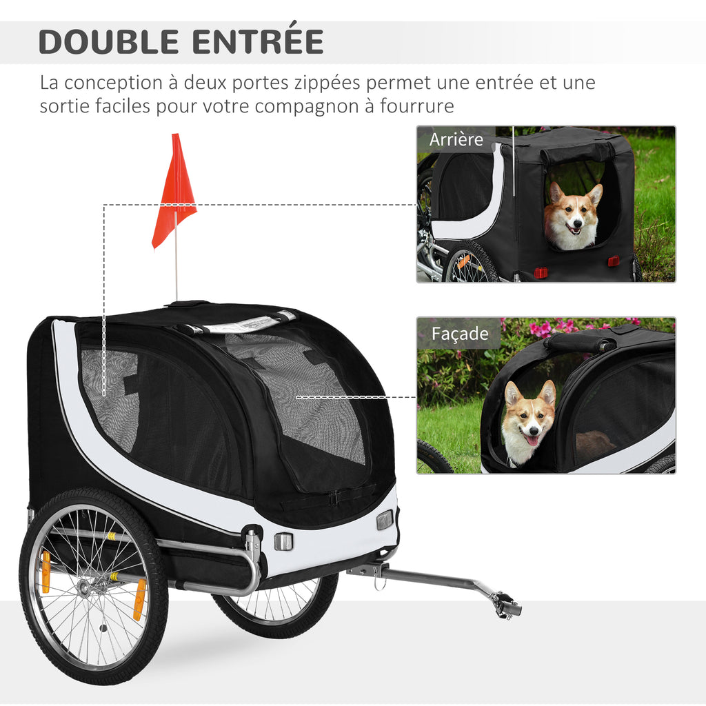 Remorque velo pour chien animaux avec drapeau et 8 reflecteurs blanc et noir-3