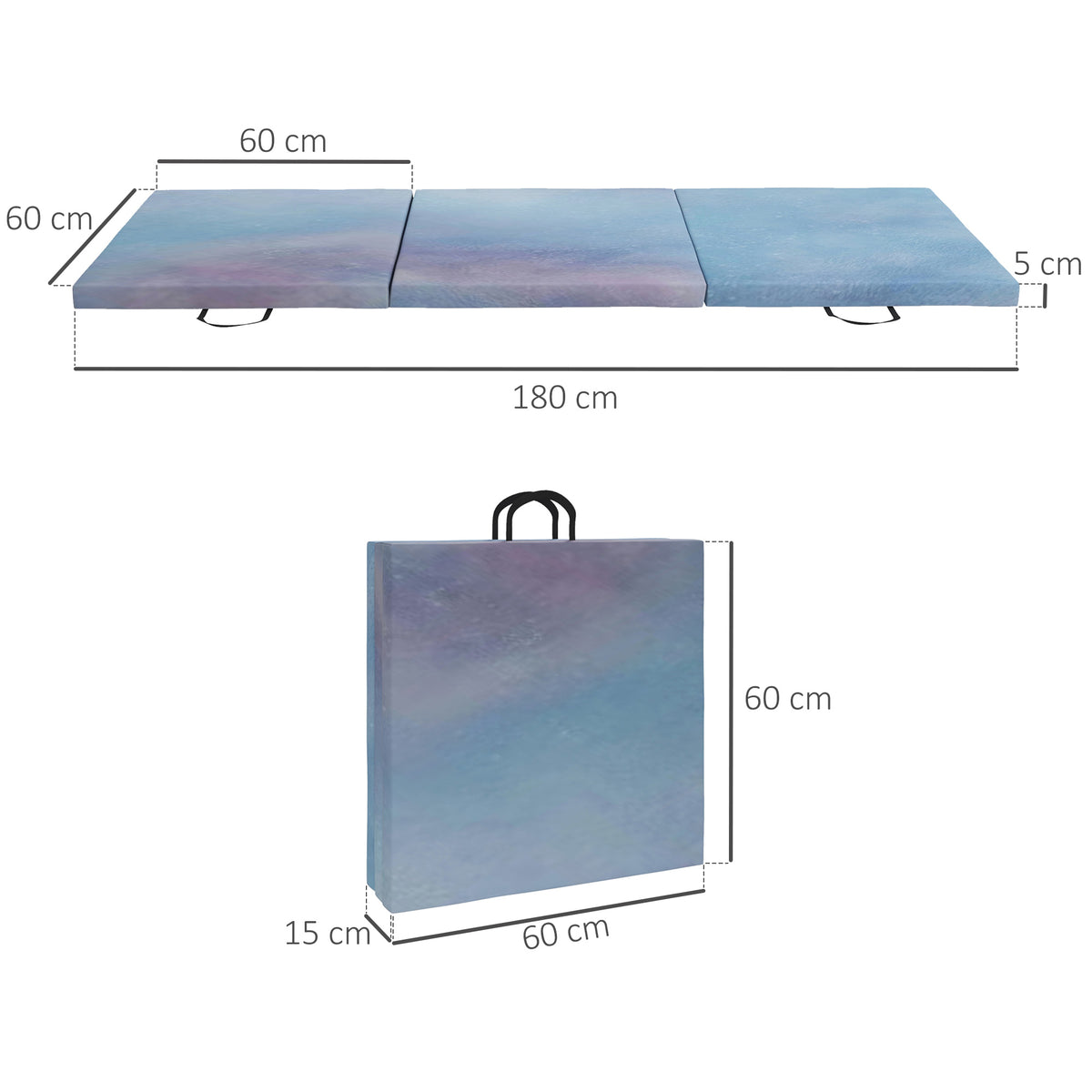 Tapis de gymnastique yoga pilates fitness pliable en 3 panneaux avec poignées revêtement synthétique 180 x 60 x 5cm bleu-2