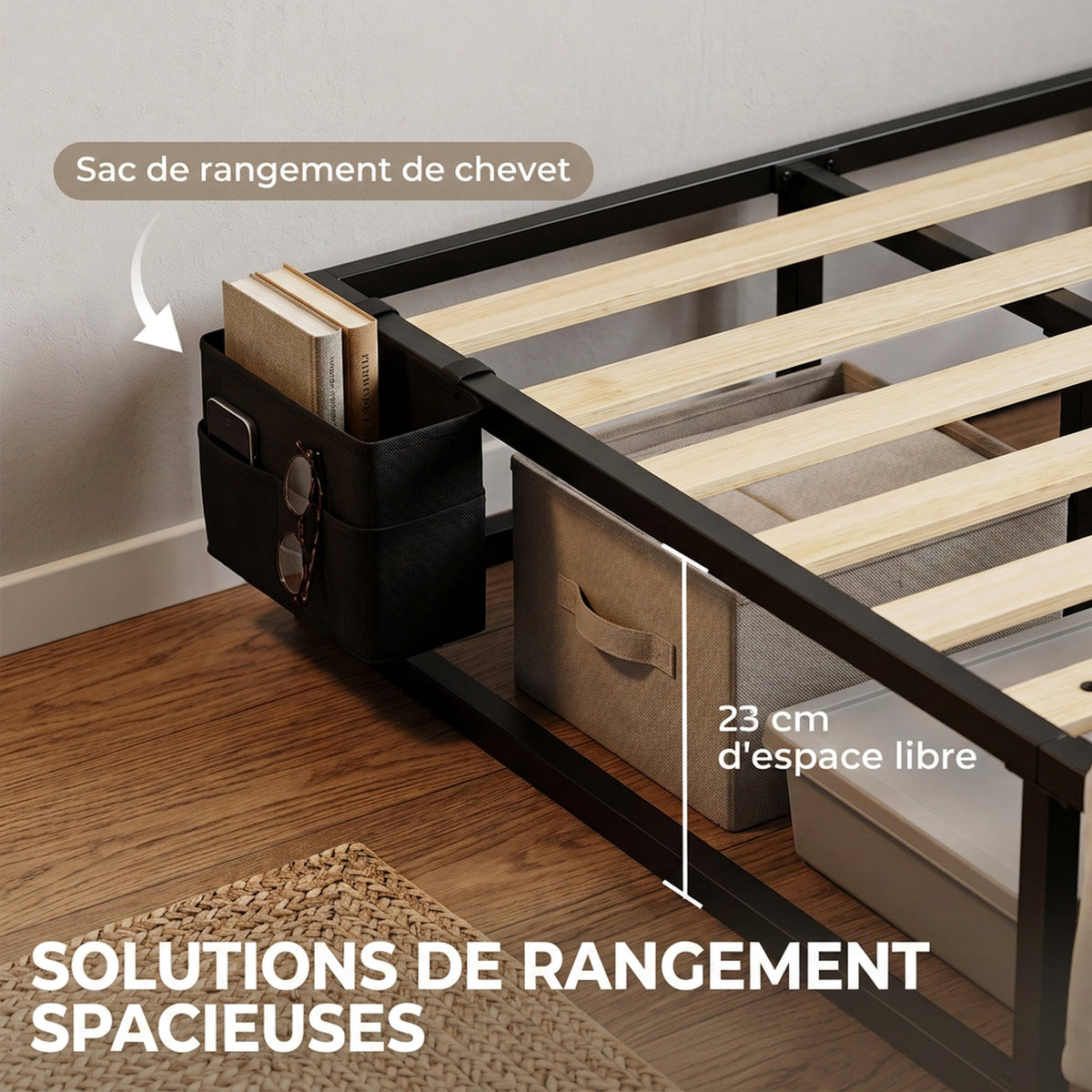 Cadre de Lit 140 x 190 cm avec Sommier, Lit Double avec Pochette de Rangement, Support à Lattes en Bois, Noir-5