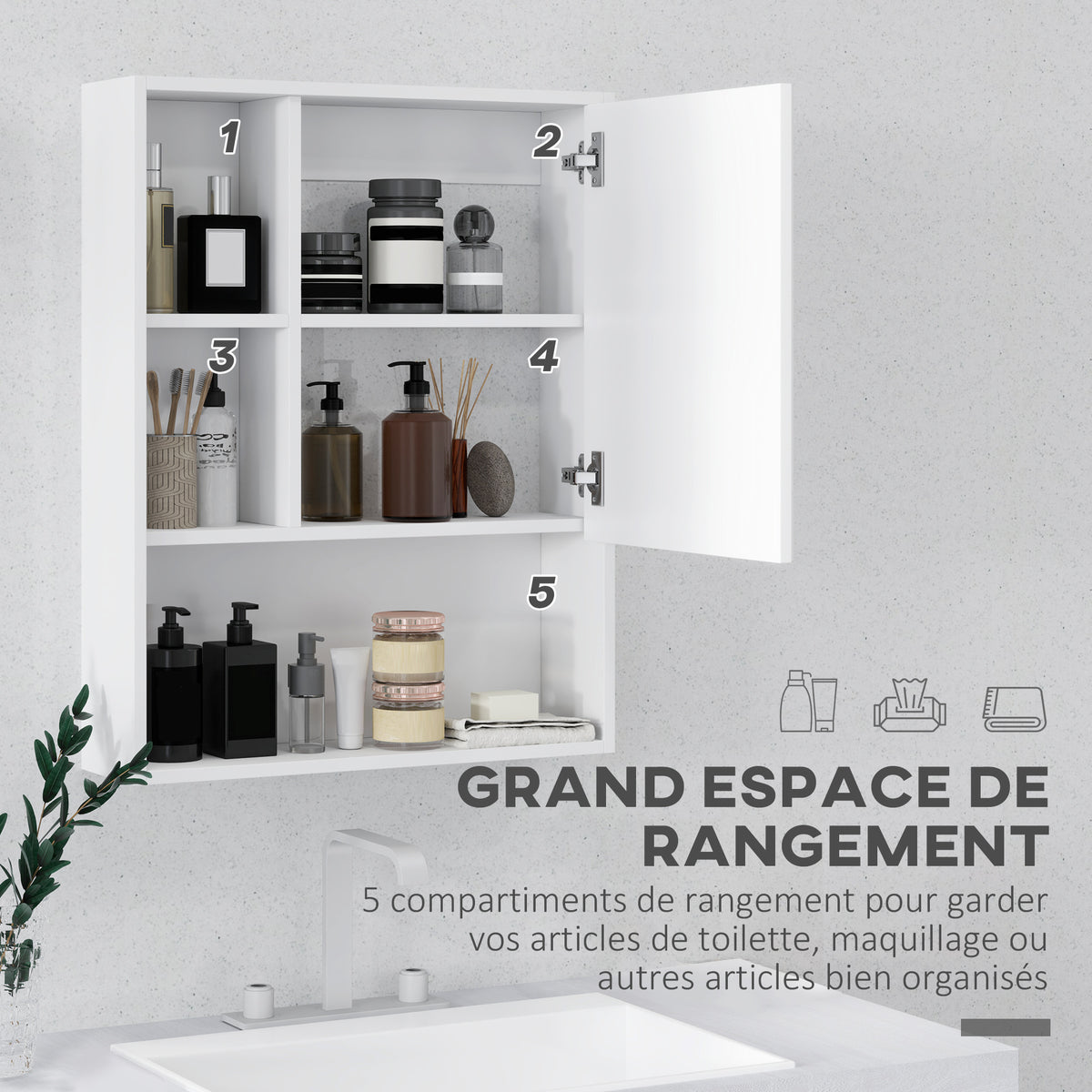 Armoire murale salle de bain avec miroir, meuble salle de bain, 5 compartiments et étagère réglable, 60x15x76cm, blanc-3