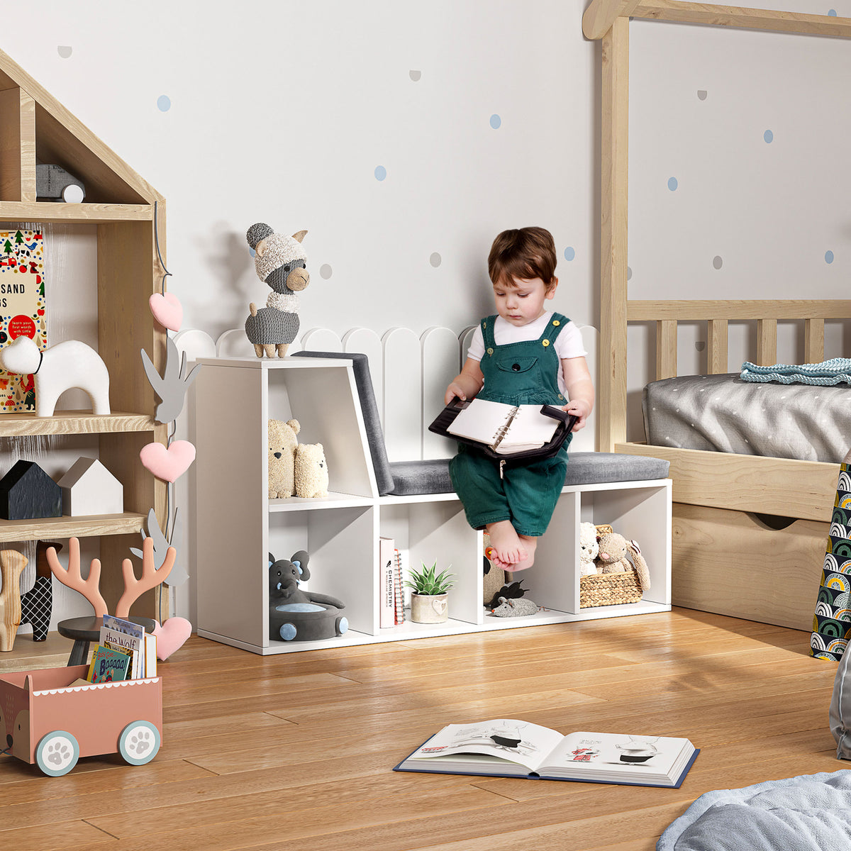 Bibliothèque banc 2 en 1 avec 5 compartiments de rangement et 2 coussins 108 x 30 x 60 cm blanc gris-7