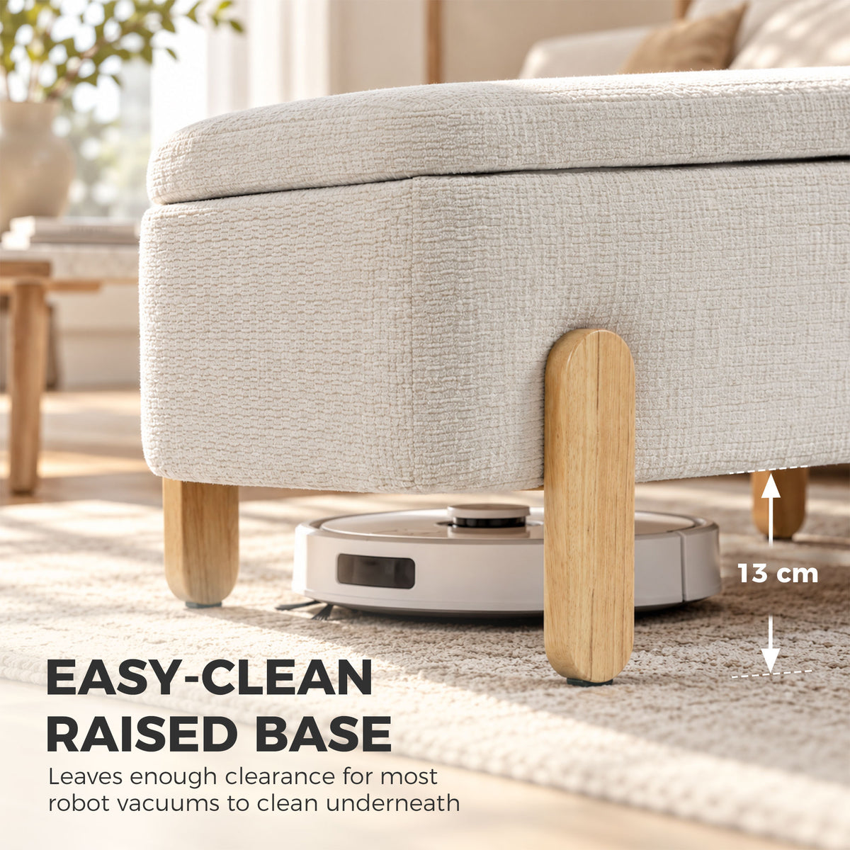Banc Coffre de Rangement 108 cm, Bout de Lit en Chenille avec Pieds en Bois, Style Moderne, Charge Max. 220 kg, Beige-7