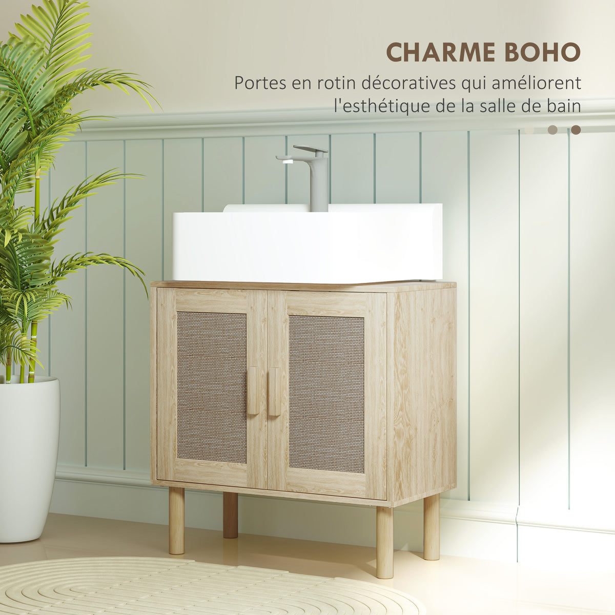 Meuble salle de bain sous lavabo meuble sous lavabo portes en rotin pieds bois de pin 2 niveaux 60 x 30 x 60 cm chêne-4