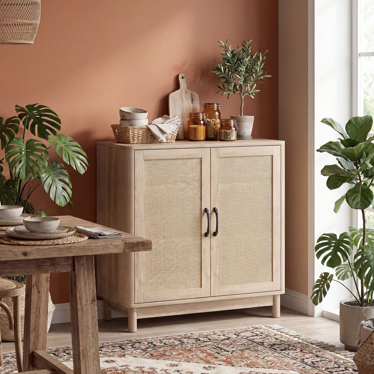 Buffet salon, meuble de rangement avec 2 portes en rotin, étagère réglable et bords arrondis, 76 x 35 x 75,5 cm, chêne-1