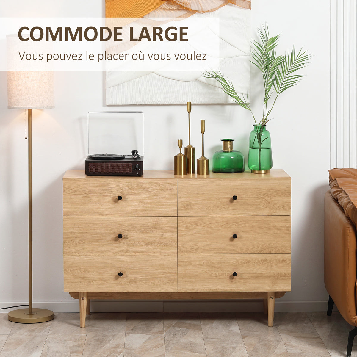 Commode 6 tiroirs meuble de rangement pieds en bois massif 120 x 40 x 80 cm marron clair-3