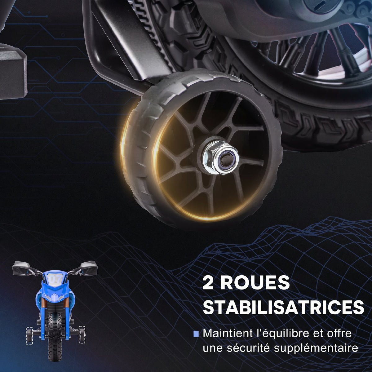 Moto cross électrique pour enfants 3-8 ans, batterie 6 V, 2 moteurs, klaxon et roues d'entraînement, charge 30KG, bleu-4