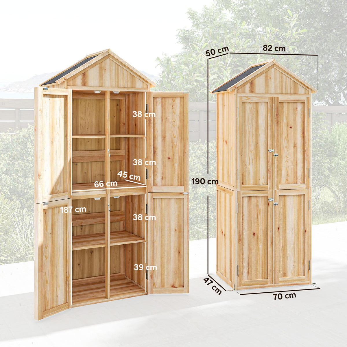 Armoire de Jardin en Bois Abri à Outils Rangement Extérieur Toit en Pointe en Asphalte 82x50x190cm Bois Naturel-2
