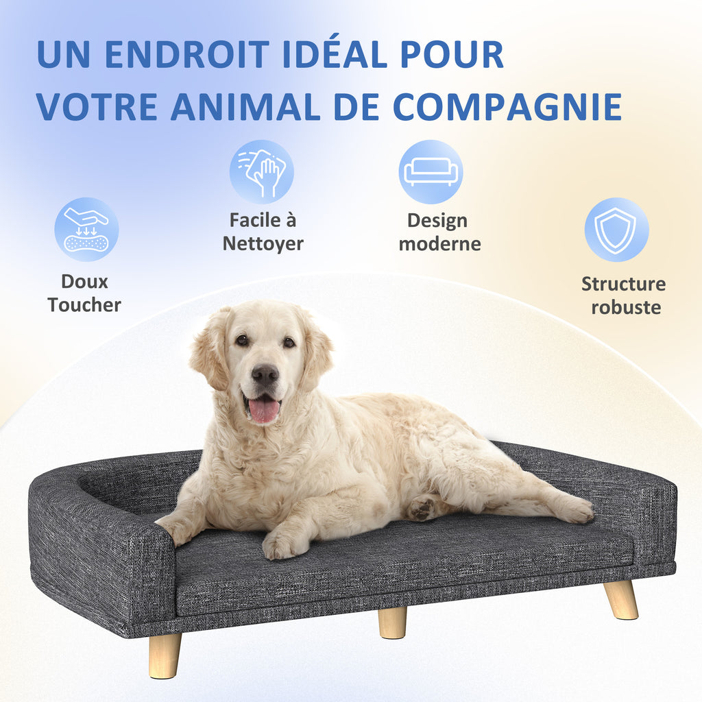 Canapé Chien Grand Lit surélevé pour Chien Coussin Lavable Cadre en Bois Tissu Polyester 98 x 67 x 25 cm Gris Foncé-6