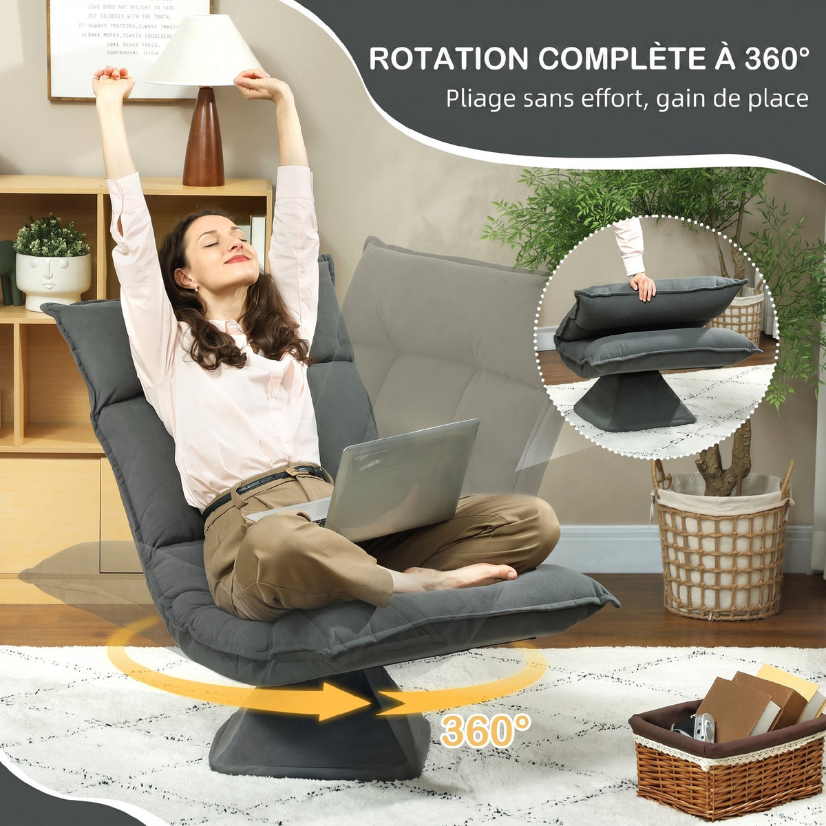 Chaise de sol pivotante à 360°, fauteuil pliable en velours avec dossier réglable 5 positions, 70x62x95cm, gris foncé-3