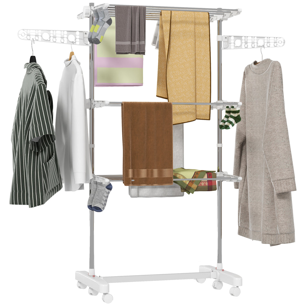 Étendoir à Linge 3 Niveaux, Sechoir a Linge avec 6 Roulettes, Pliable, Cadre en Acier Inoxydable et Ailes Latérales, pour Intérieur Extérieur, 142 x 55 x 152 cm, Blanc-0