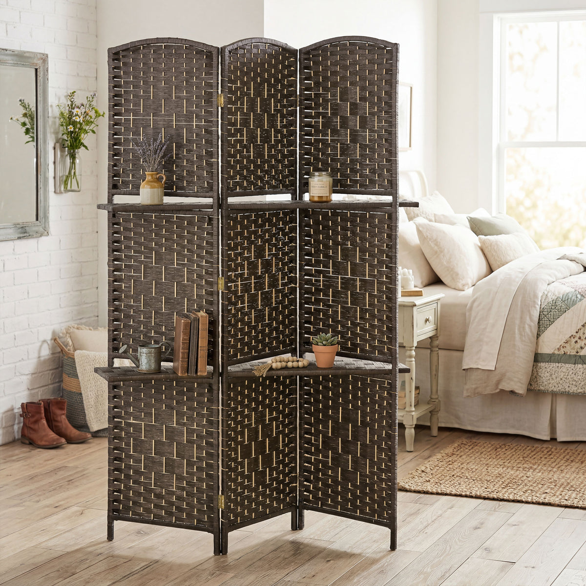Paravent séparateur de pièce 4 panneaux 160 x170 cm avec 2 étagères, pliable, en bois-8