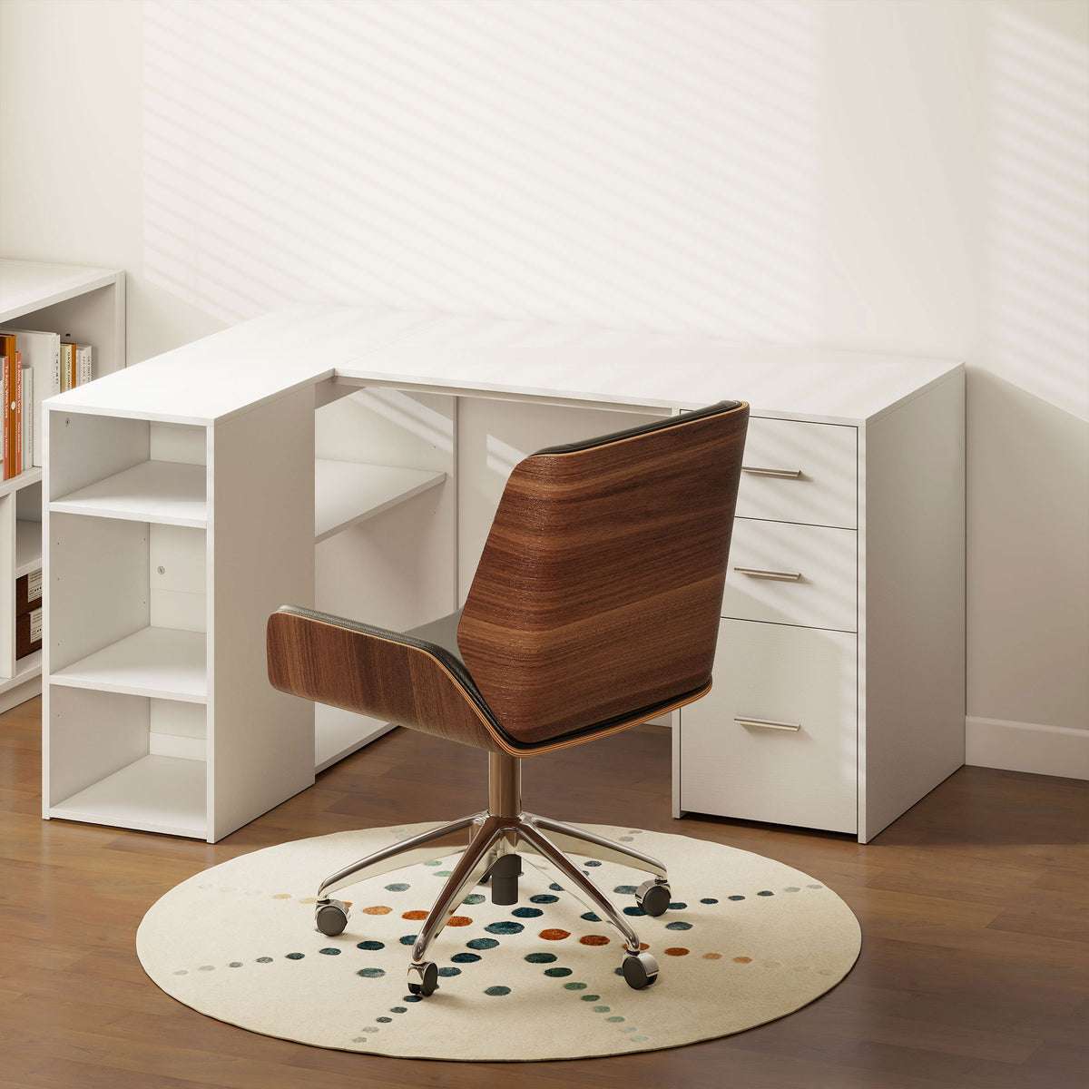 Bureau d'Angle, Bureau Informatique en L, 3 Tiroirs, 5 Compartiments Ouverts, Étagères Réglables, 140x100x75cm, Blanc-1