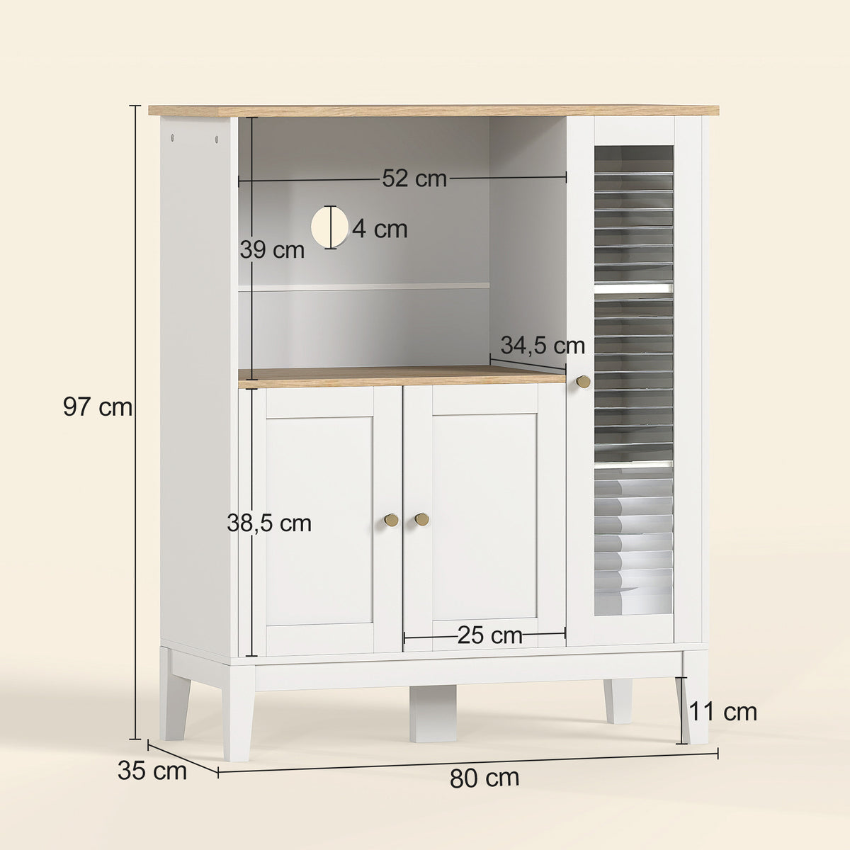 Meuble armoire micro-ondes pour cuisine avec 1 niche, 3 portes passe-câbles 80 x 35 x 97 cm blanc et aspect bois-2
