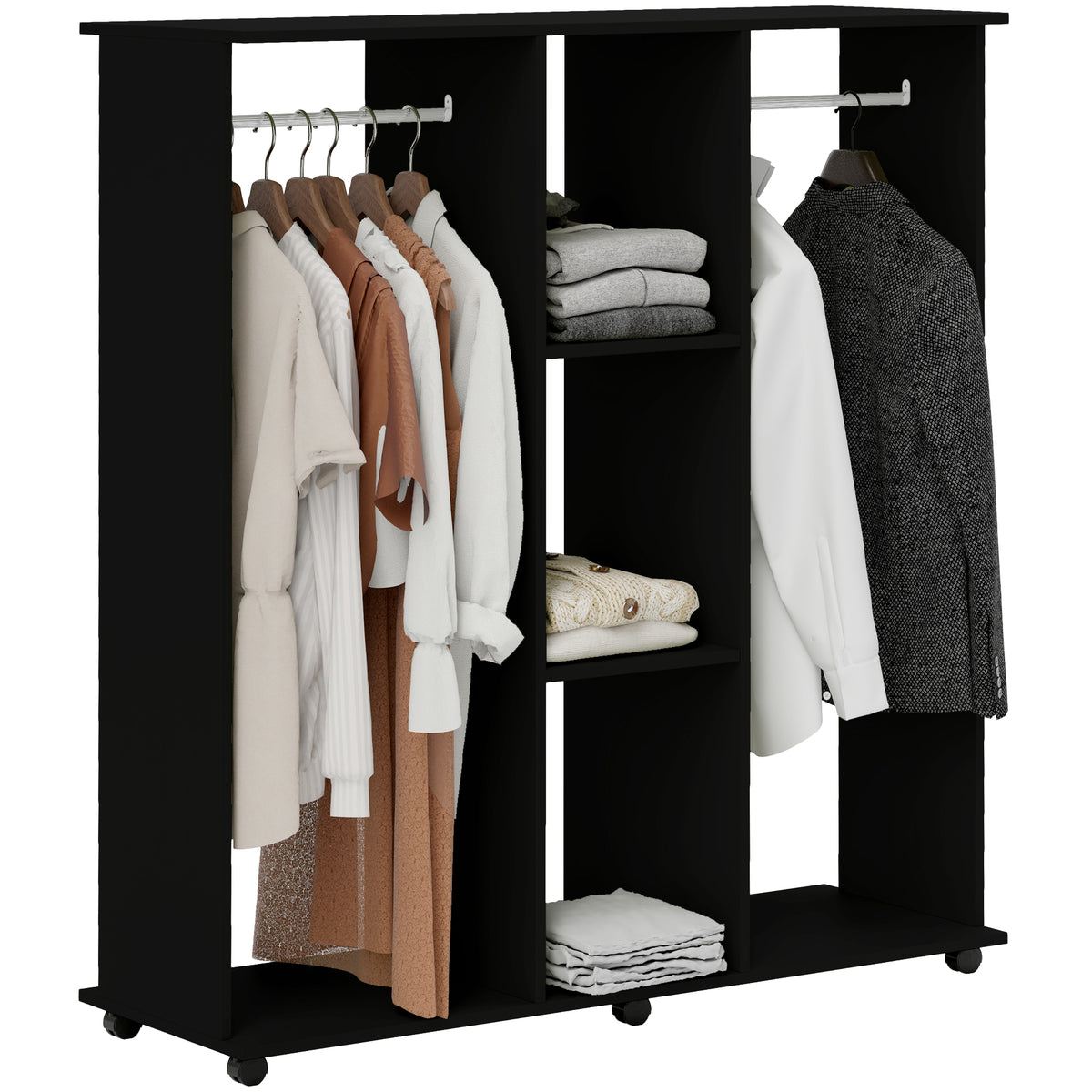 Armoire penderie Meuble de Rangement Mobile 6 roulettes 120L x 40l x 128H cm en bois Noir-0