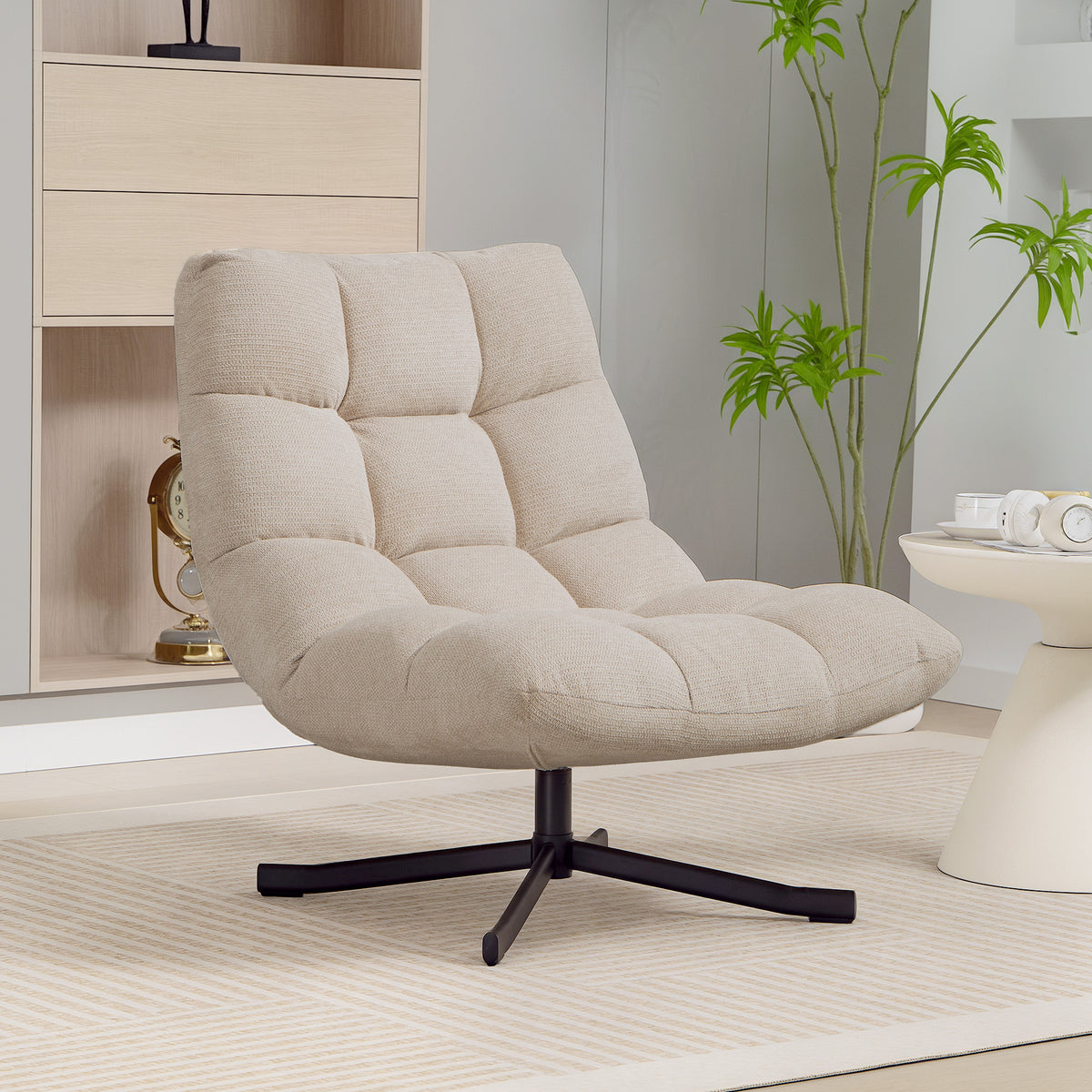 Fauteuil Salon sans Accoudoirs, Chaise Pivotante en Tissu Chenille, Assise Large, 75 x 95 x 90 cm, Crème-1