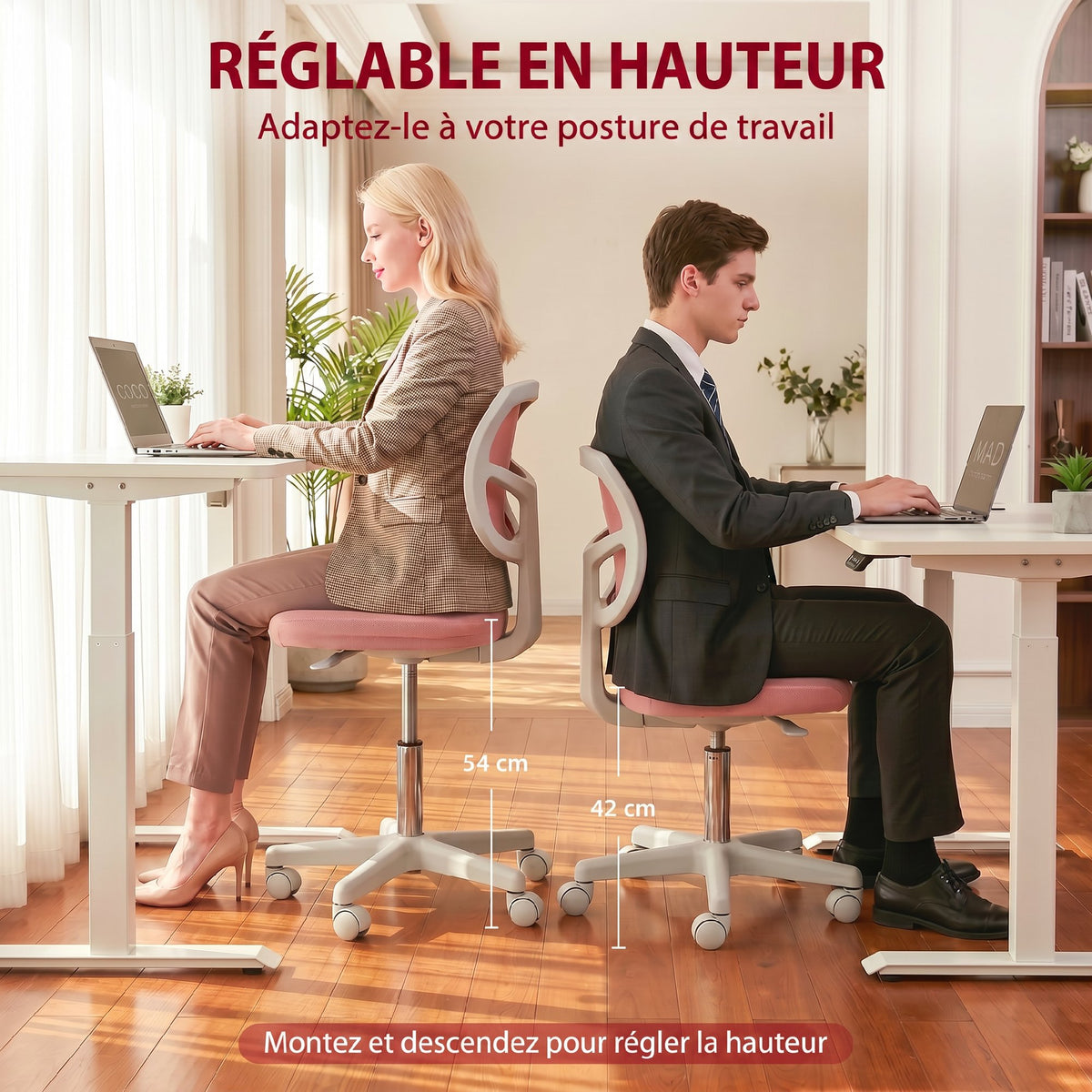 Chaise de Bureau Ergonomique Sans Accoudoirs, Fauteuil de Bureau Pivotant, Dossier Courbé en Maille et Roulettes, Rose-3