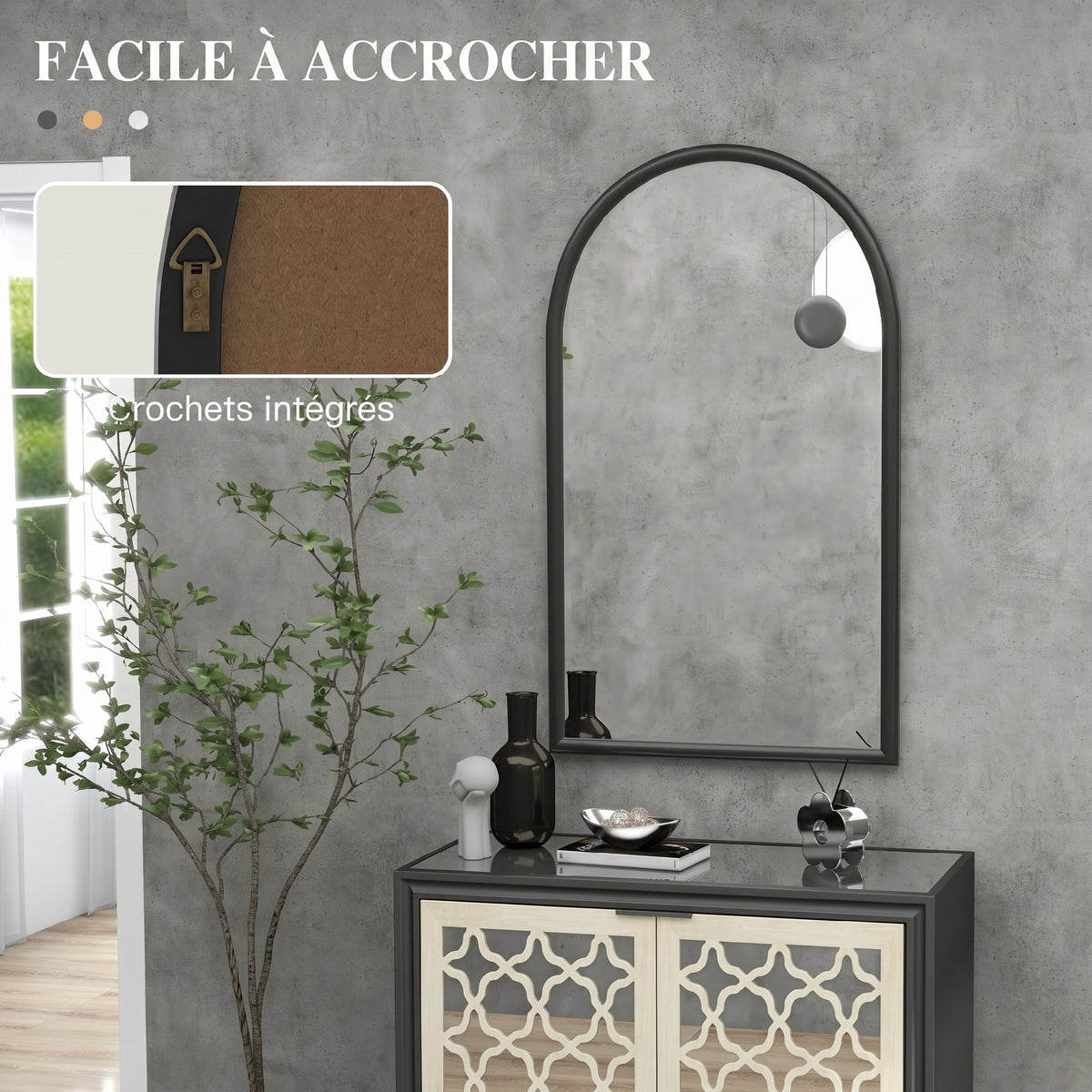Miroir mural arche, 110 x 65 cm Cadre en bois, Miroir arqué pour le salon, la chambre, l'entrée, noir-3