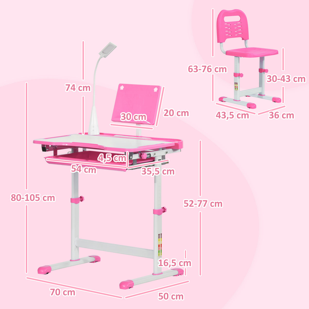 Ensemble chaise et bureau pour enfants avec lampe LED hauteur réglable plateau incliné support de lecture rose-2