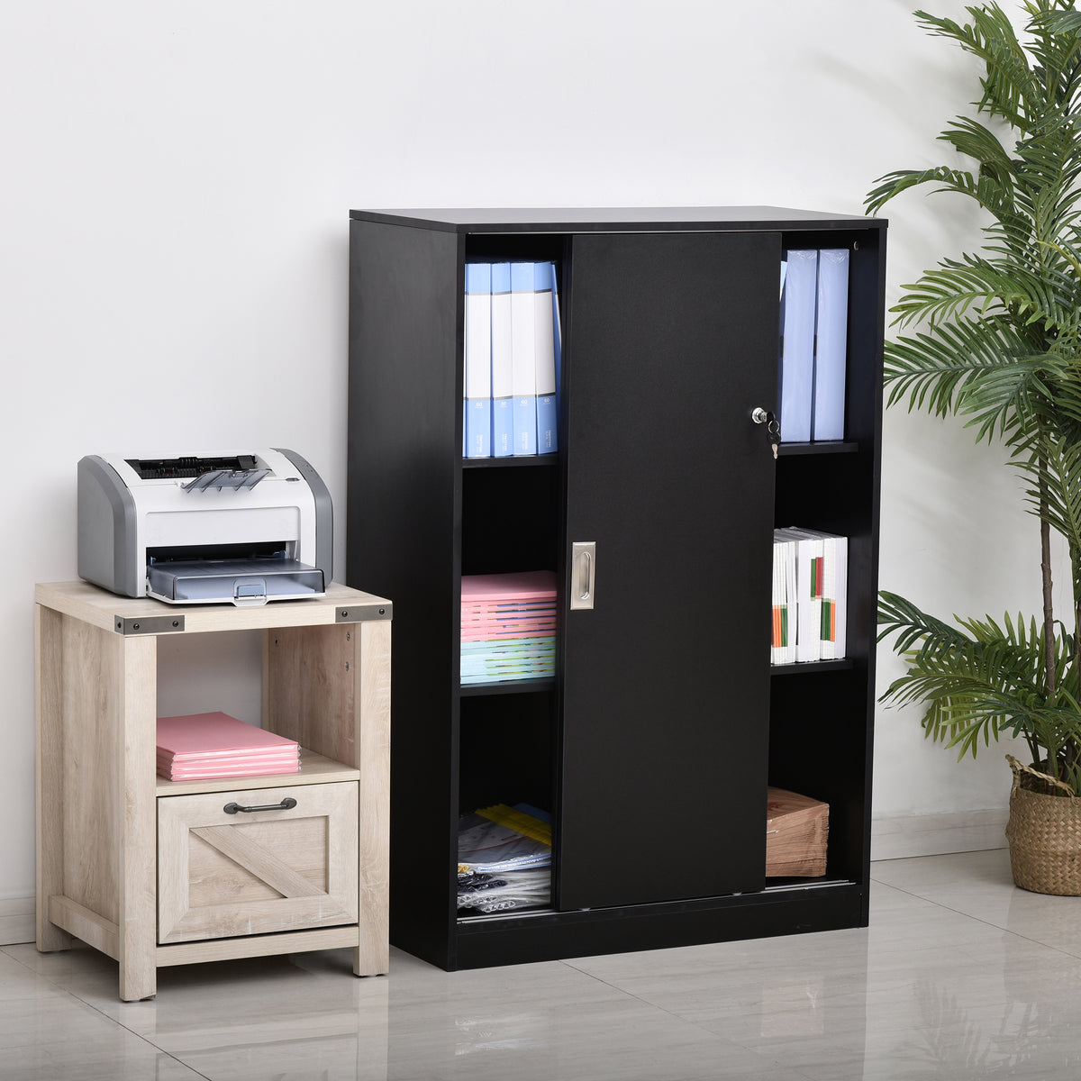 Armoire de Bureau 2 Portes coulissantes verrouillables dim. 80L x 40l x 120H cm 2 étagères Panneaux Particules Noir-1