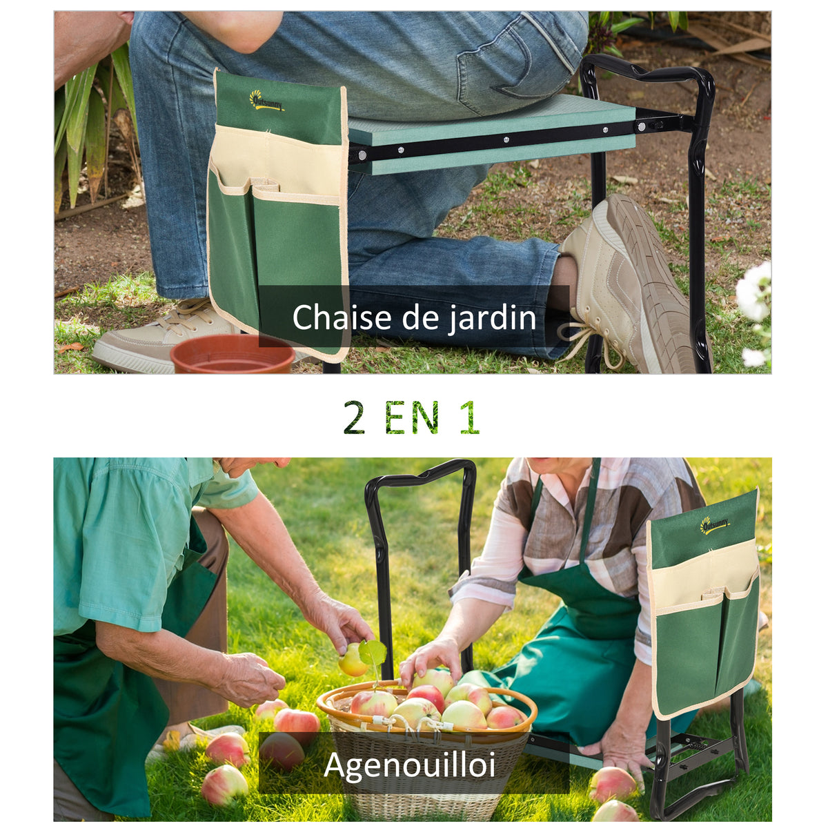 Tabouret de Jardin Pliable agenouilloir de Jardin siège Jardinage avec Coussin Pochette Rangement Outils Vert-3