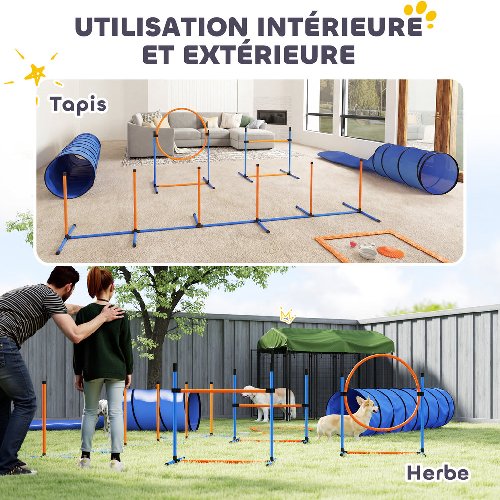 Ensemble d'Agilité pour Chien 11 Pièces, Parcours d'Obstacle avec 2 Tunnels, Sauts Ajustables, Orange et Bleu-8