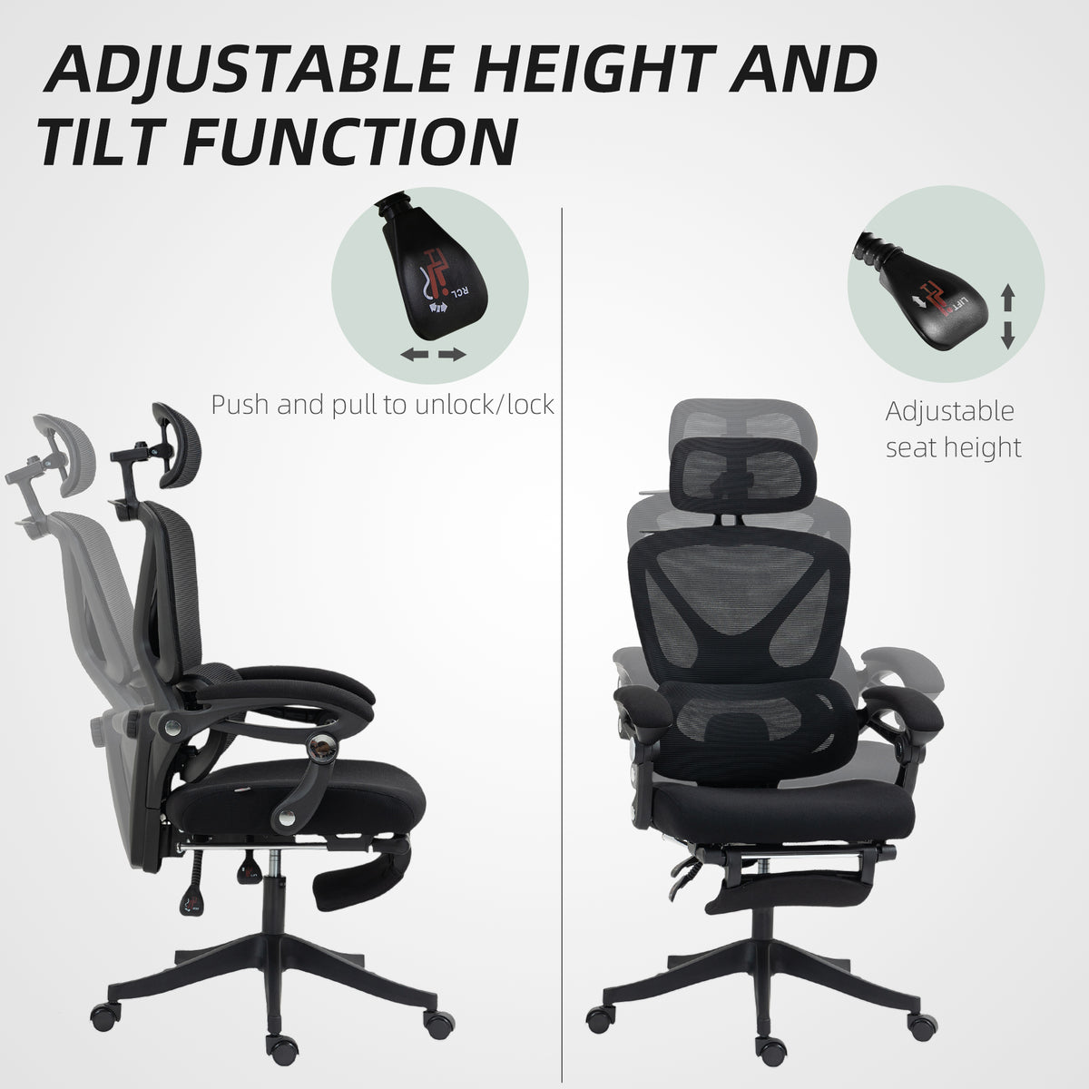Chaise Bureau Ergonomique avec Appui-Tête Réglable, Fauteuil de Bureau Inclinable en Maille, Dossier Séparé, Noir-8