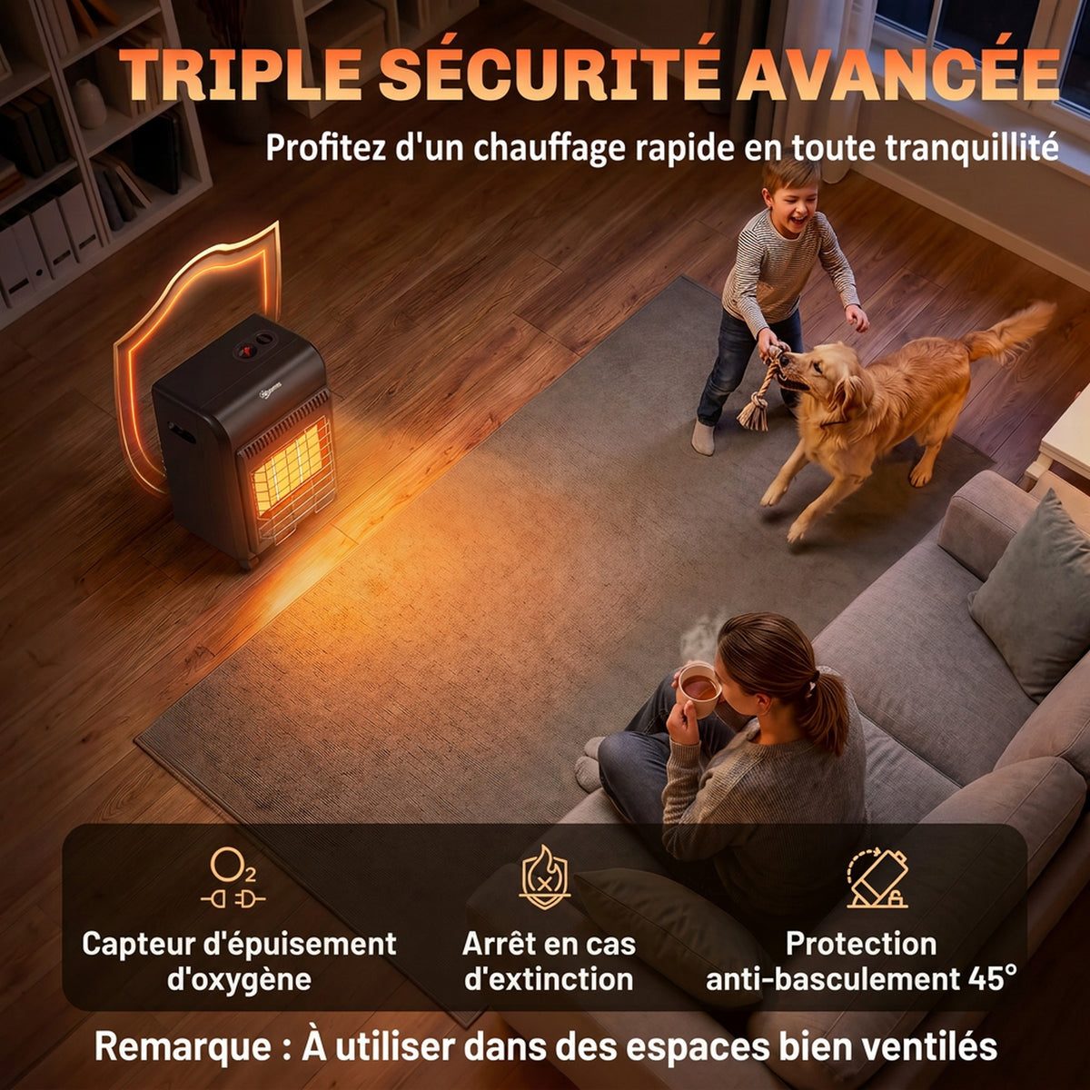 Chauffage d'Appoint Gaz Portable 4,2kW Infrarouge Compact 2 Freins Système ODS Anti-Basculement Housse 37x29x55cm Noir-5