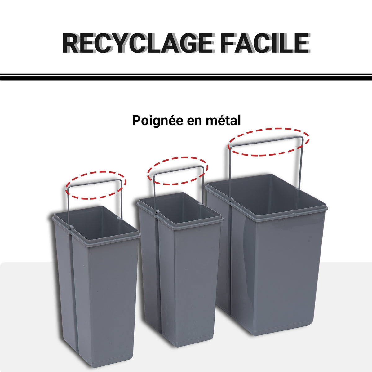 Poubelle coulissante 40L avec 3 bacs amovibles pour tri sélectif 2 x 10L et 1 x 20L - gris-4