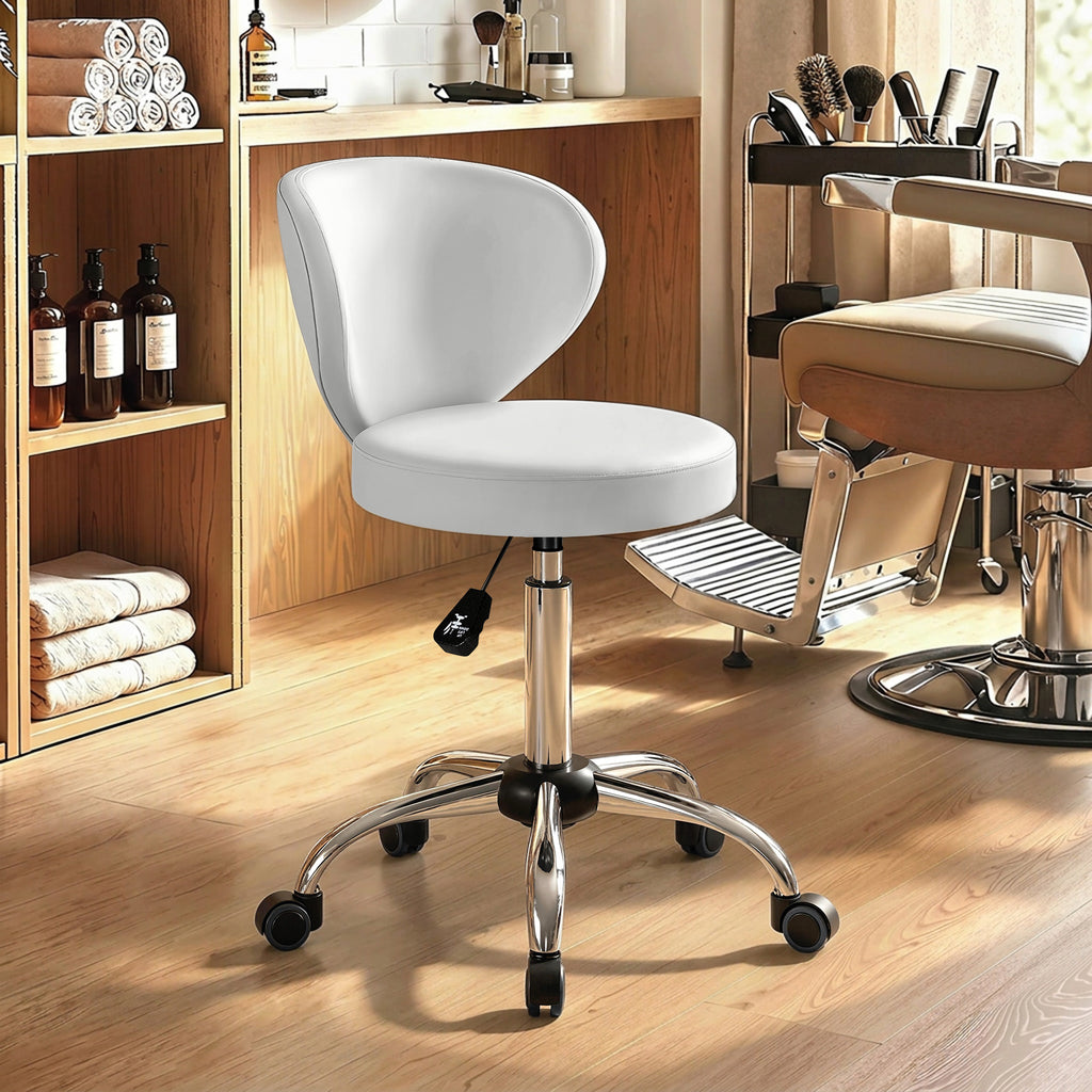 Tabouret à roulettes, tabouret de massage en PU avec hauteur réglable 73-88 cm et dossier, pivotant 360°, blanc-1