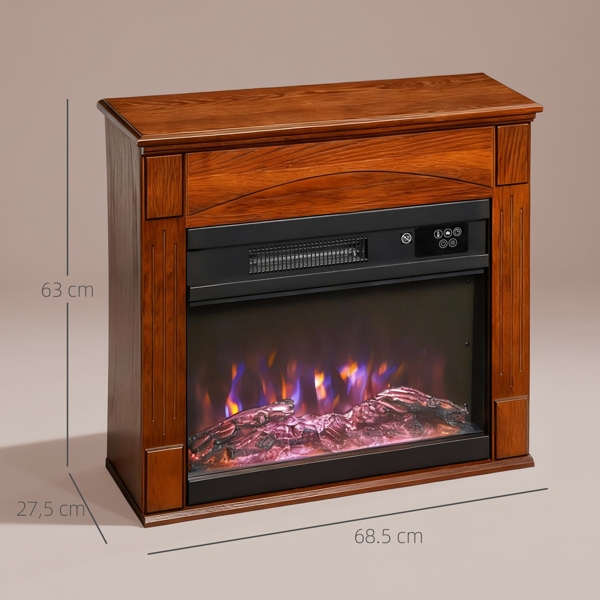 Cheminée électrique 1000W/2000W, fausse cheminée effet flamme 3D à 6 couleurs et 3 luminosités, 68,5x27,5x63cm, marron-2