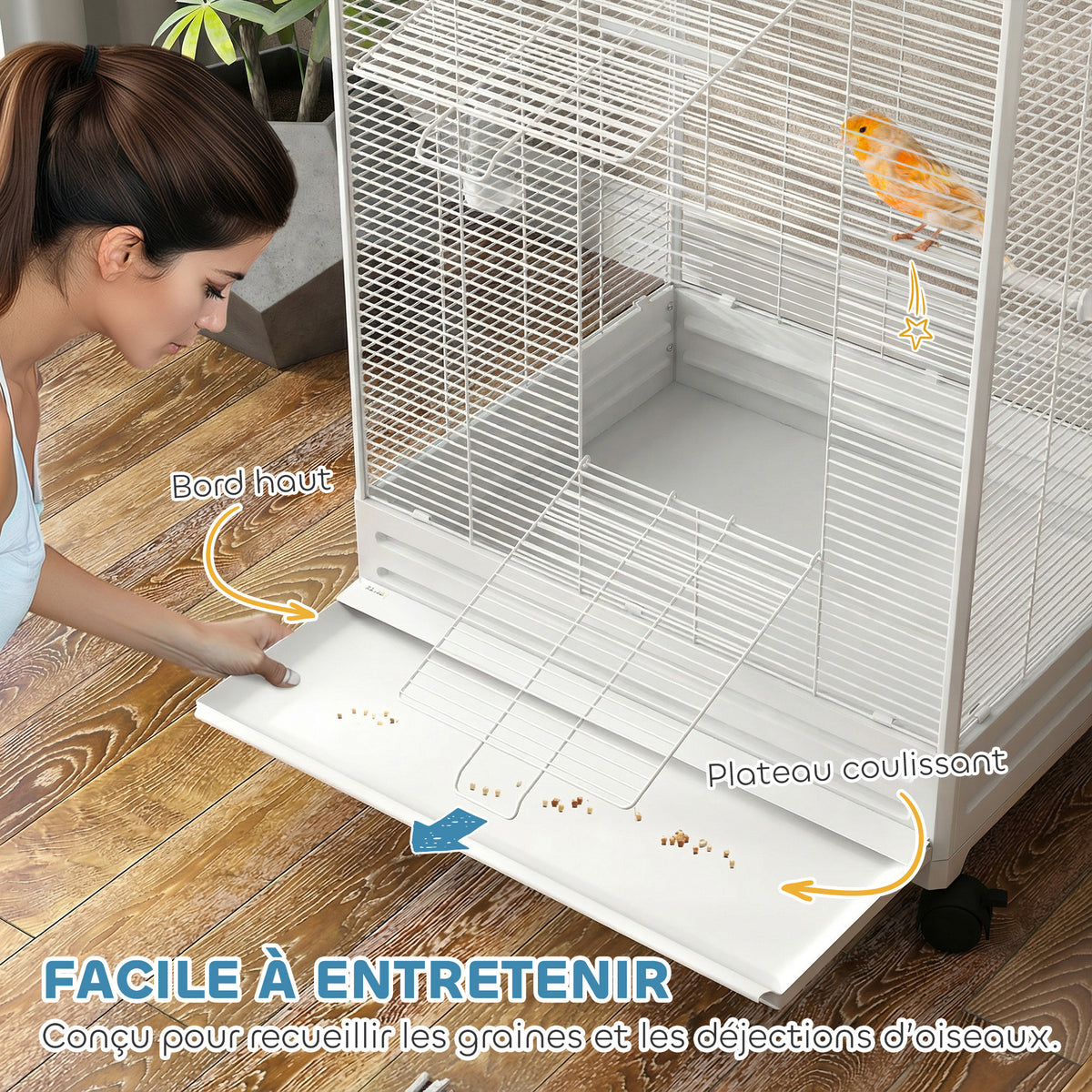 Cage oiseau sur pied volière oiseaux intérieure sur roulettes 2 mangeoires 8 perchoirs 79 x 65 x 155 cm fil d'acier blanc-4