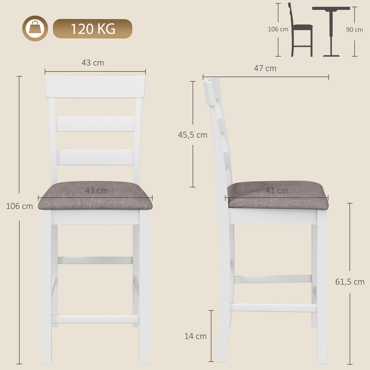 Lot de 2 Tabourets de Bar, Chaises de Bar en Bois Massif avec Assise Rembourrée en Lin et Dossier, Blanc et Marron-2