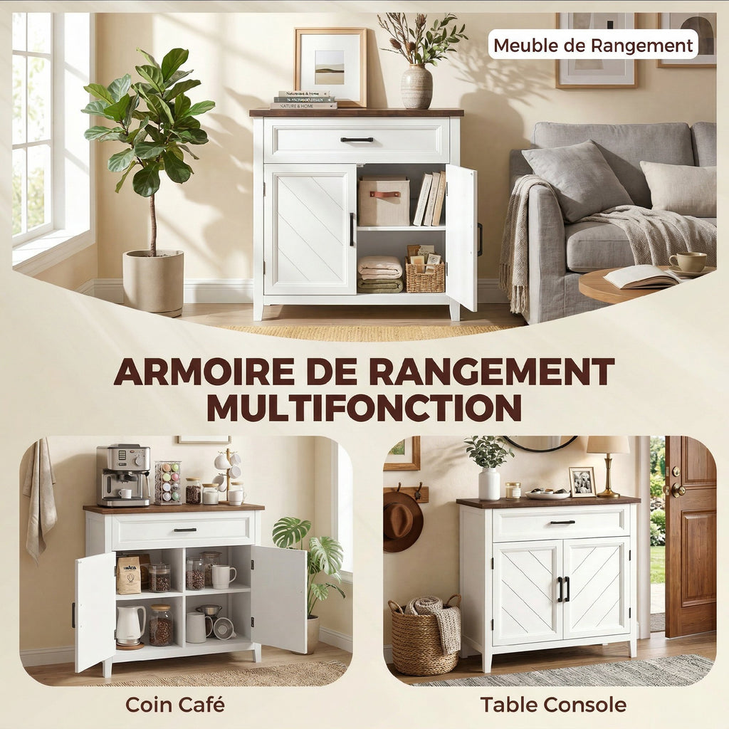 Buffet salon, meuble de rangement avec 2 portes, tiroir et étagère réglable, 76 x 35 x 80 cm, blanc-3